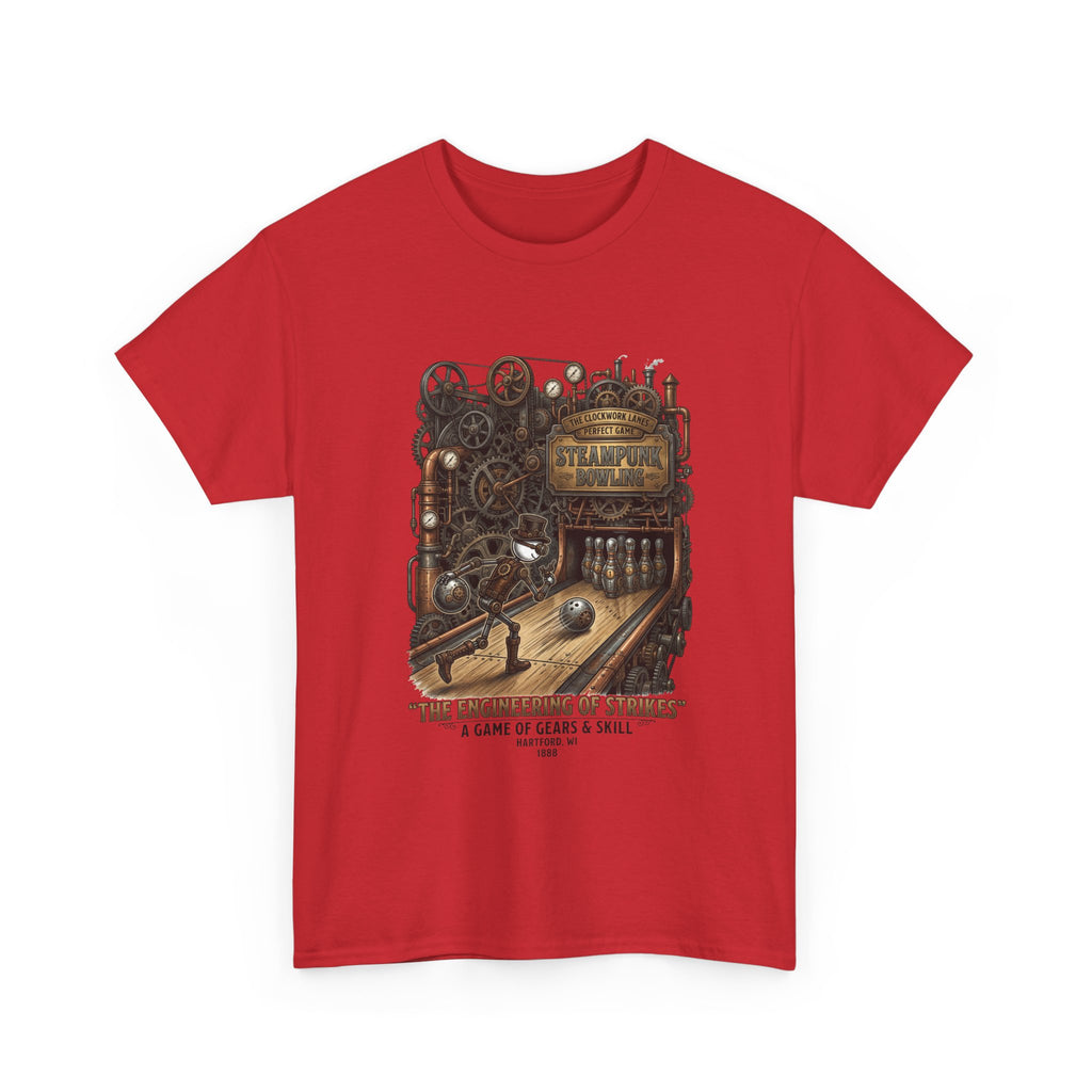 Steampunk Bowling T-Shirt — "The Engineering of Strikes" Vintage Gears Design