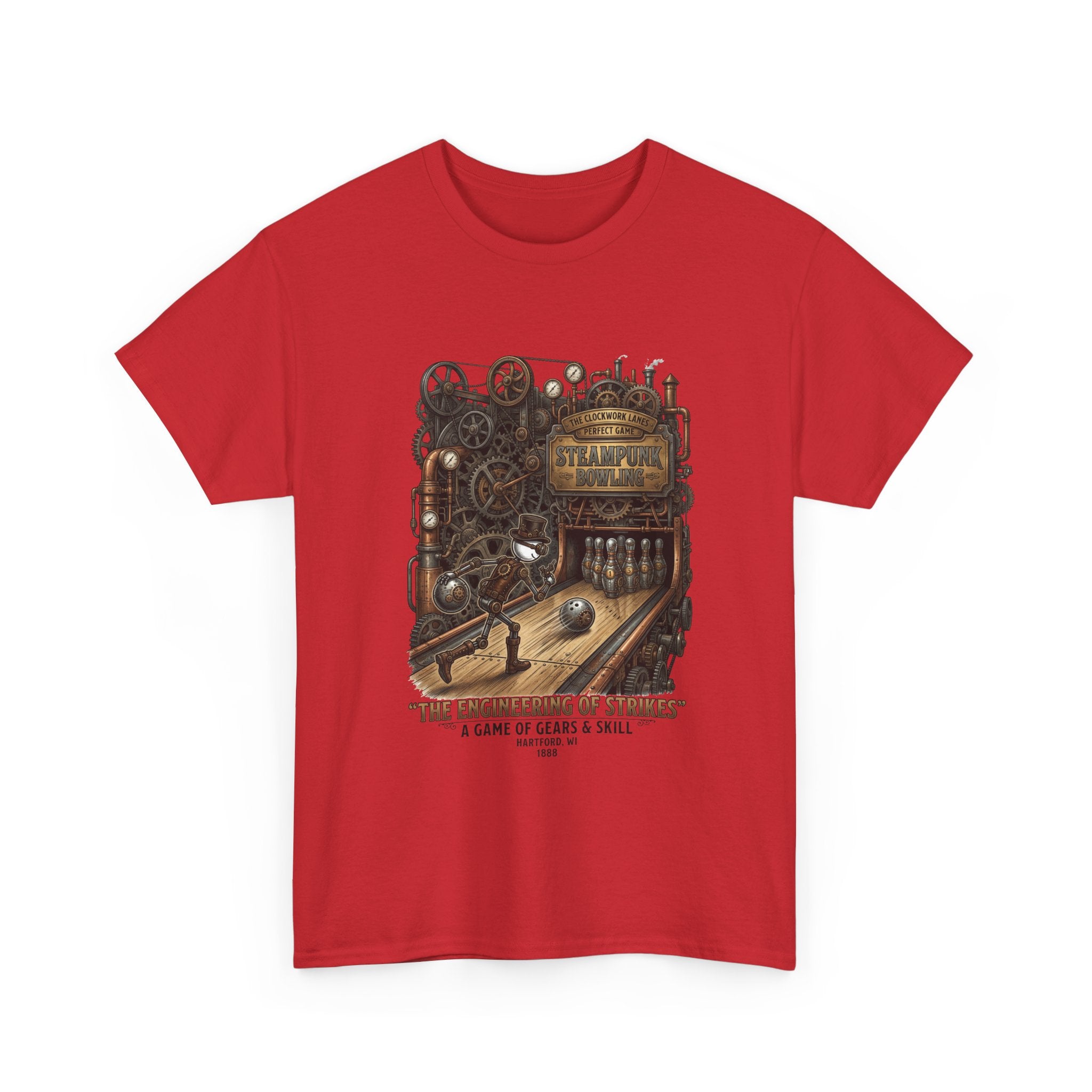 Steampunk Bowling T-Shirt — "The Engineering of Strikes" Vintage Gears Design