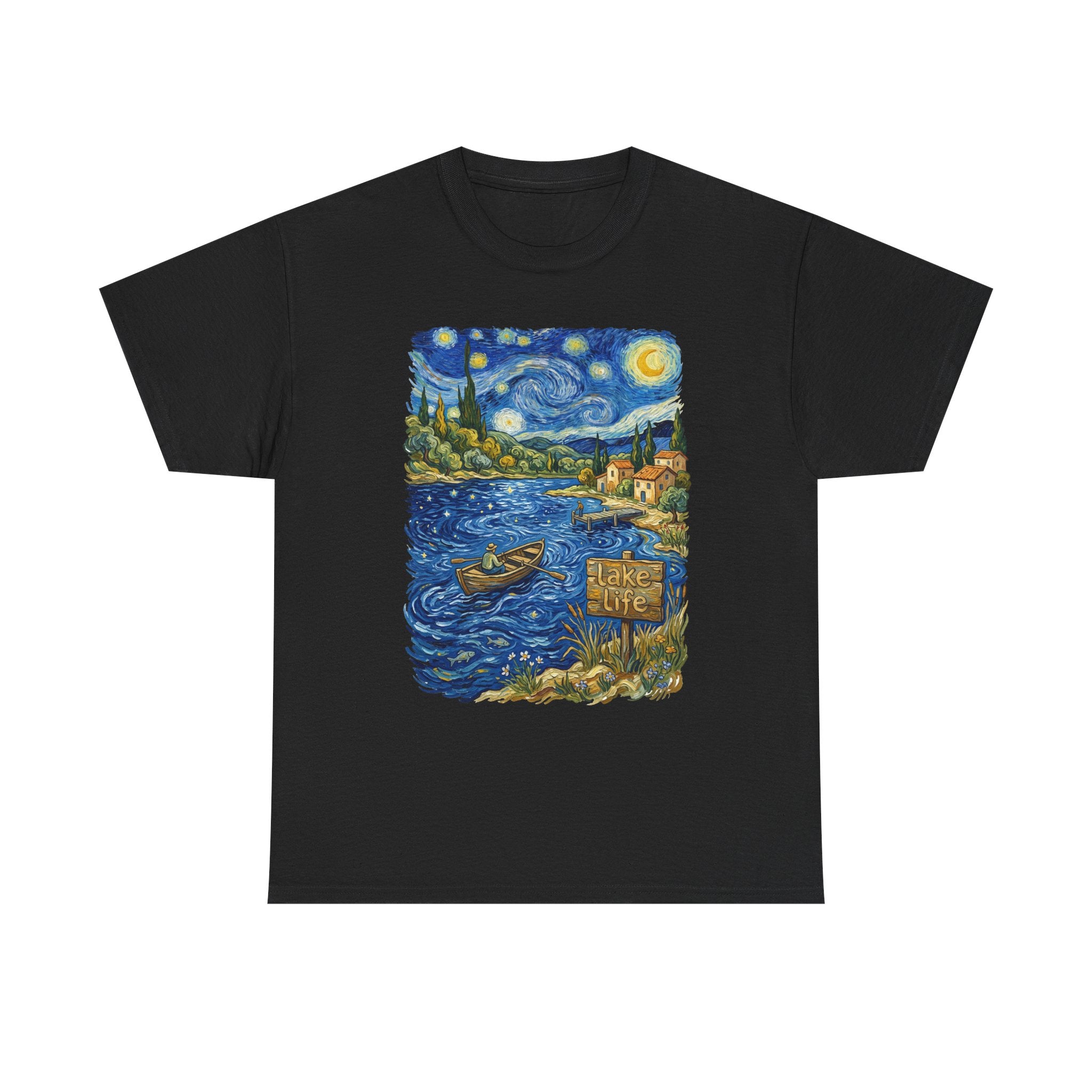 T-Shirt — Van Gogh Night Lake Art Tee (Boat on Starry Night)