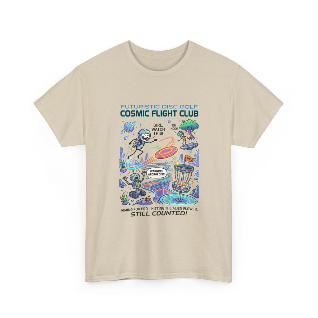 Cosmic Flight Club Disc Golf T-Shirt — Futuristic Outer Space Design