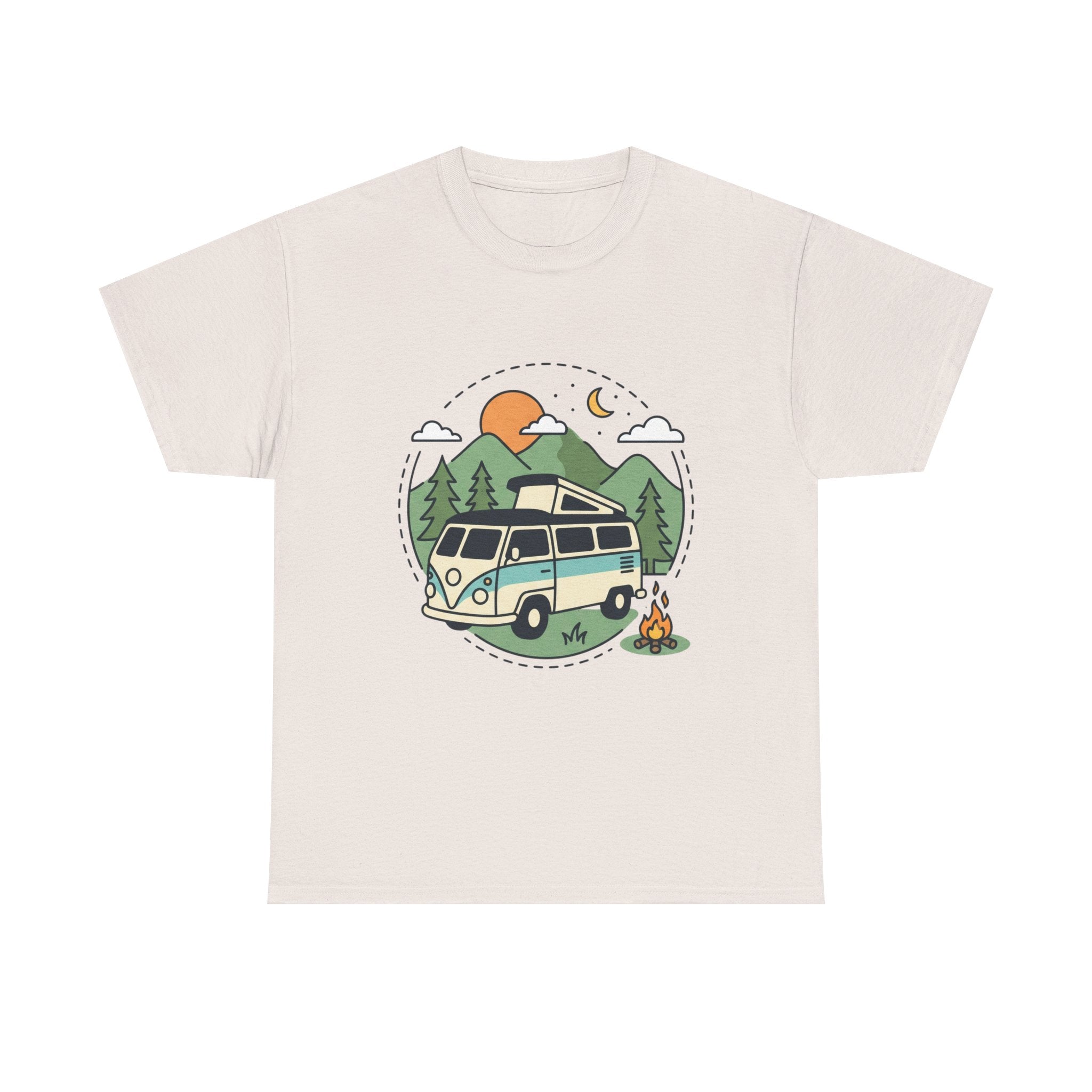 Camper Van Camping T‑Shirt — Retro Van, Mountains & Campfire Tee