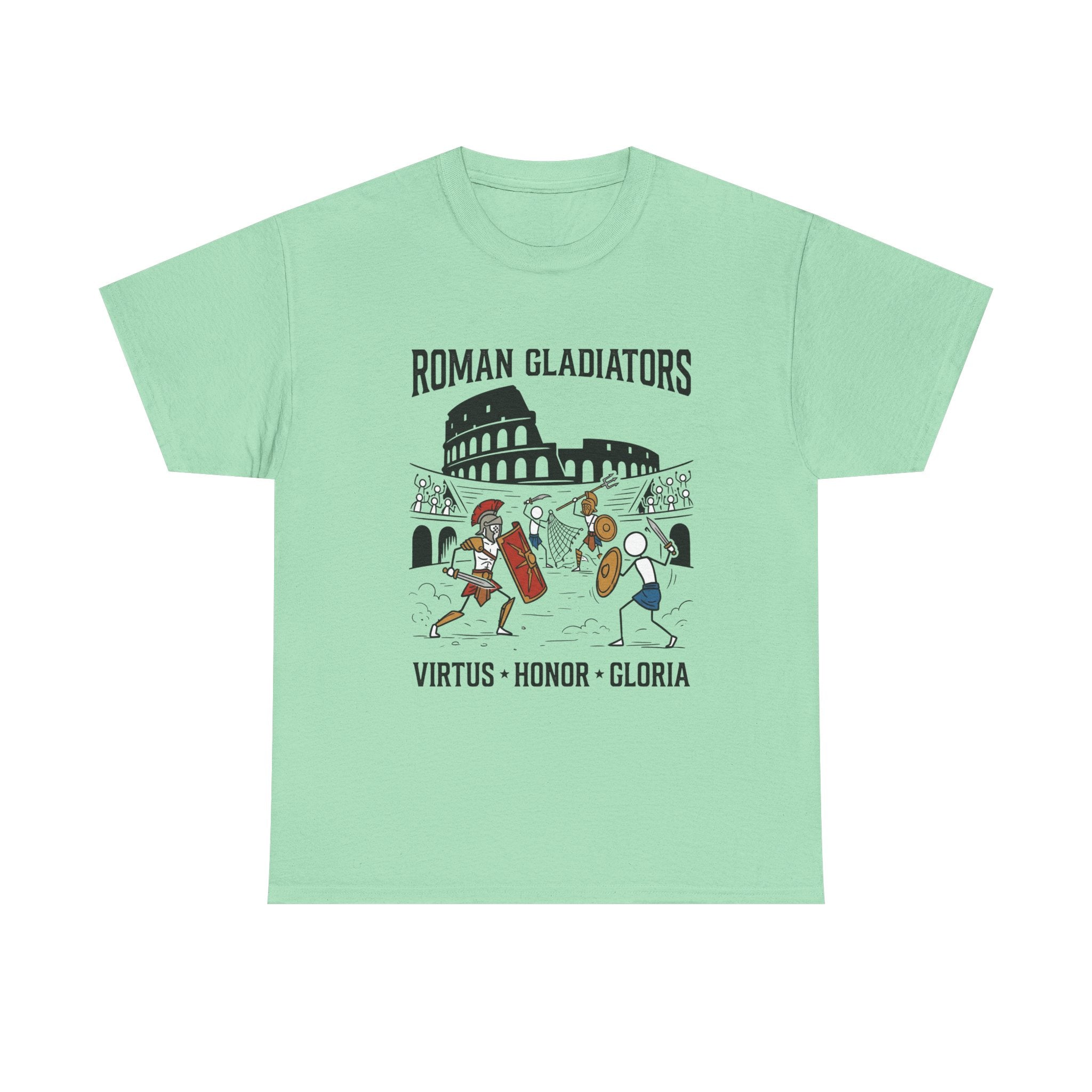 Roman Gladiators T-Shirt — Colosseum Design with "Virtus • Honor • Gloria"