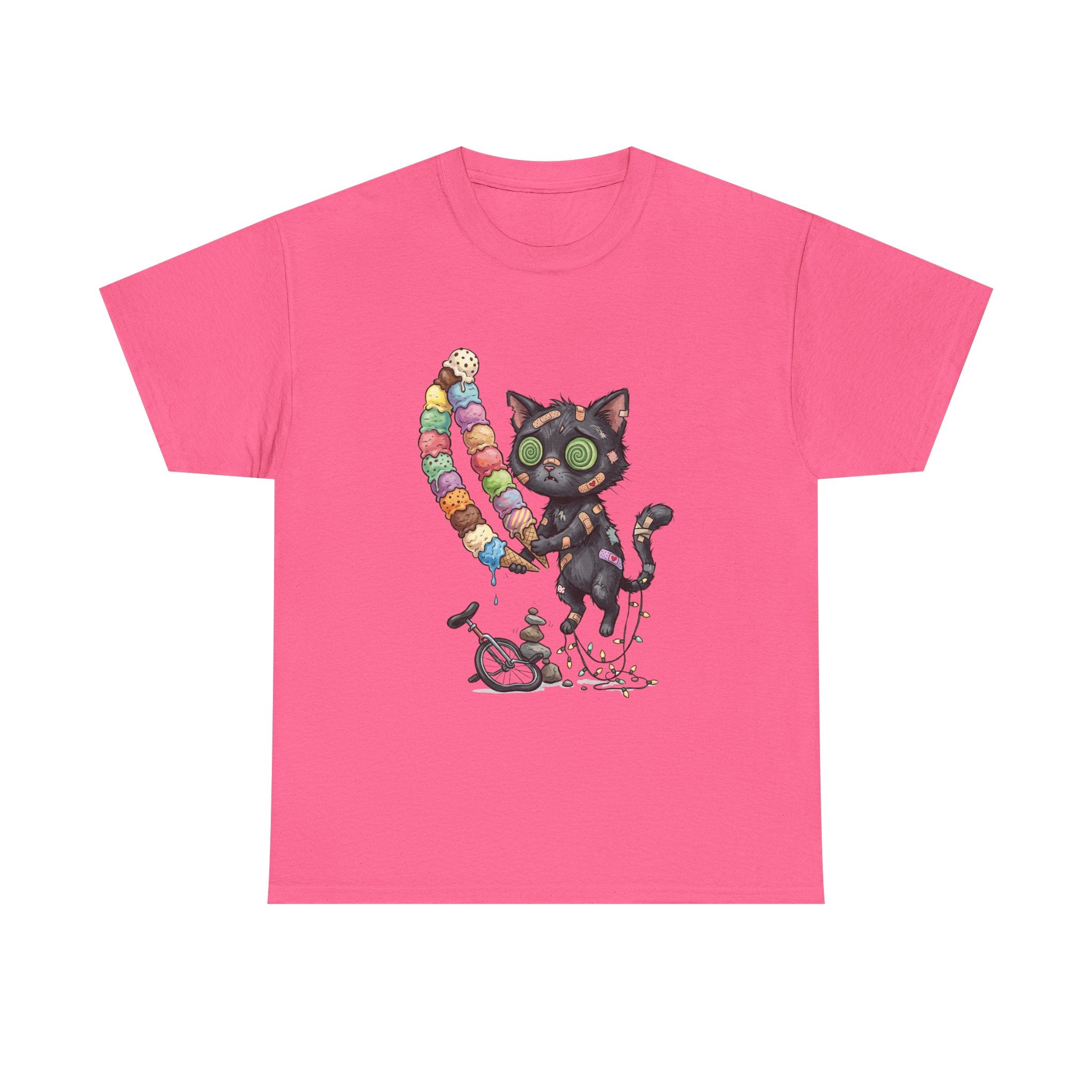 Cat with Ice Cream Graphic Tee — Cute Retro Kawaii Black Cat Holding Rainbow Ice Cream