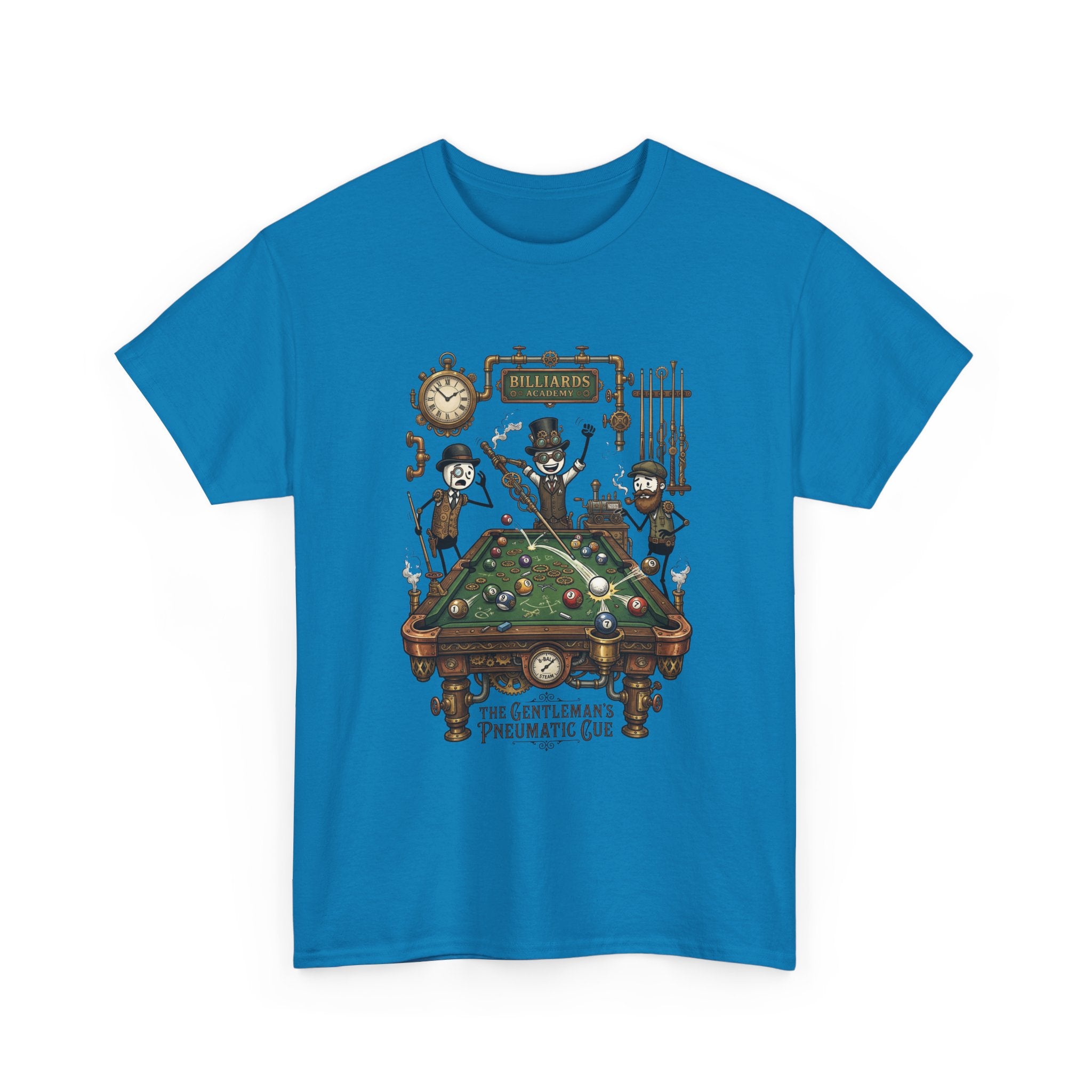 Steampunk Billiards Tee – 'The Gentleman's Pneumatic Cue' Pool Table Graphic Shirt