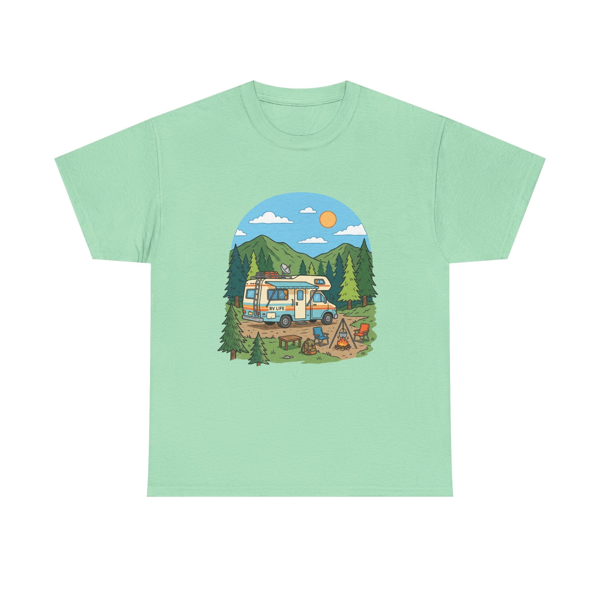 Camping Van Graphic Tee — Retro Camper Van & Campfire Outdoor Shirt