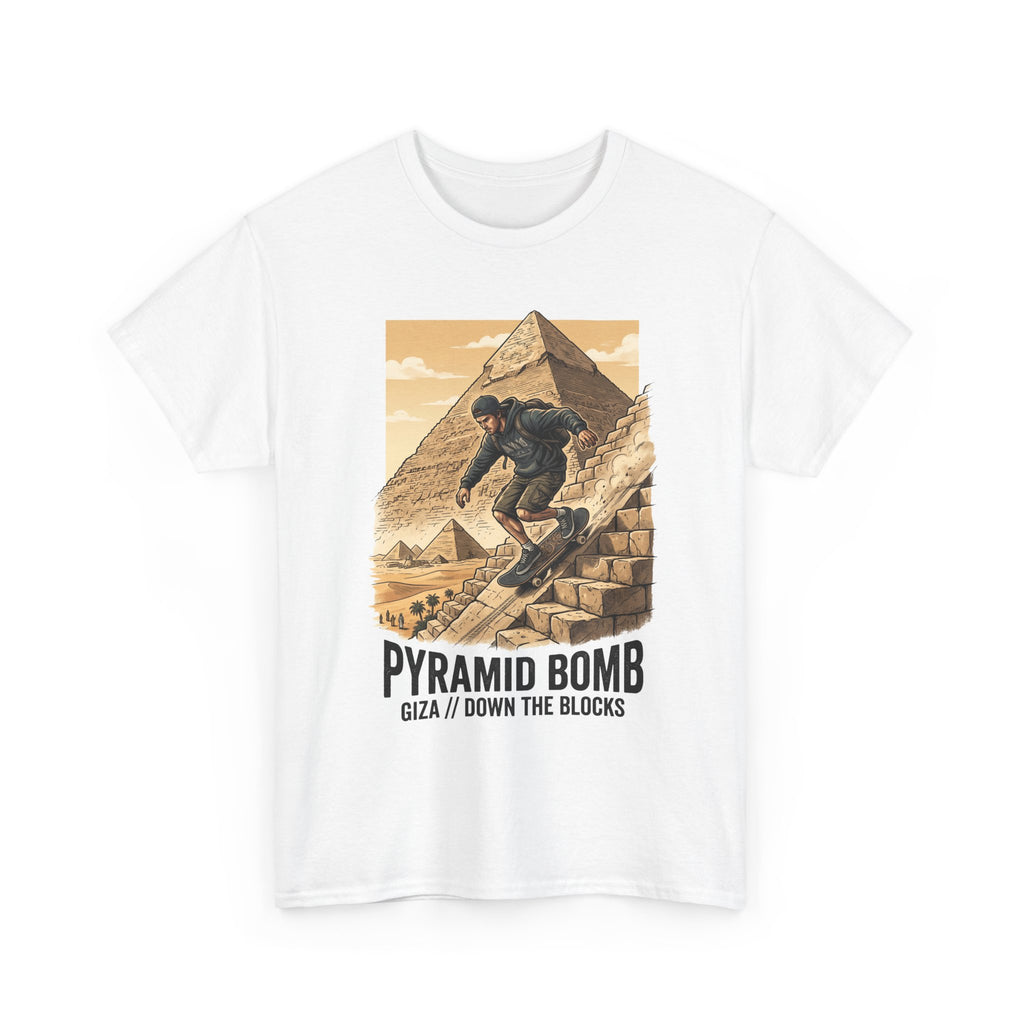 Pyramid Bomb Skateboarding T-Shirt — "Pyramid Bomb: Giza / Down The Blocks" Vintage Skate Tee