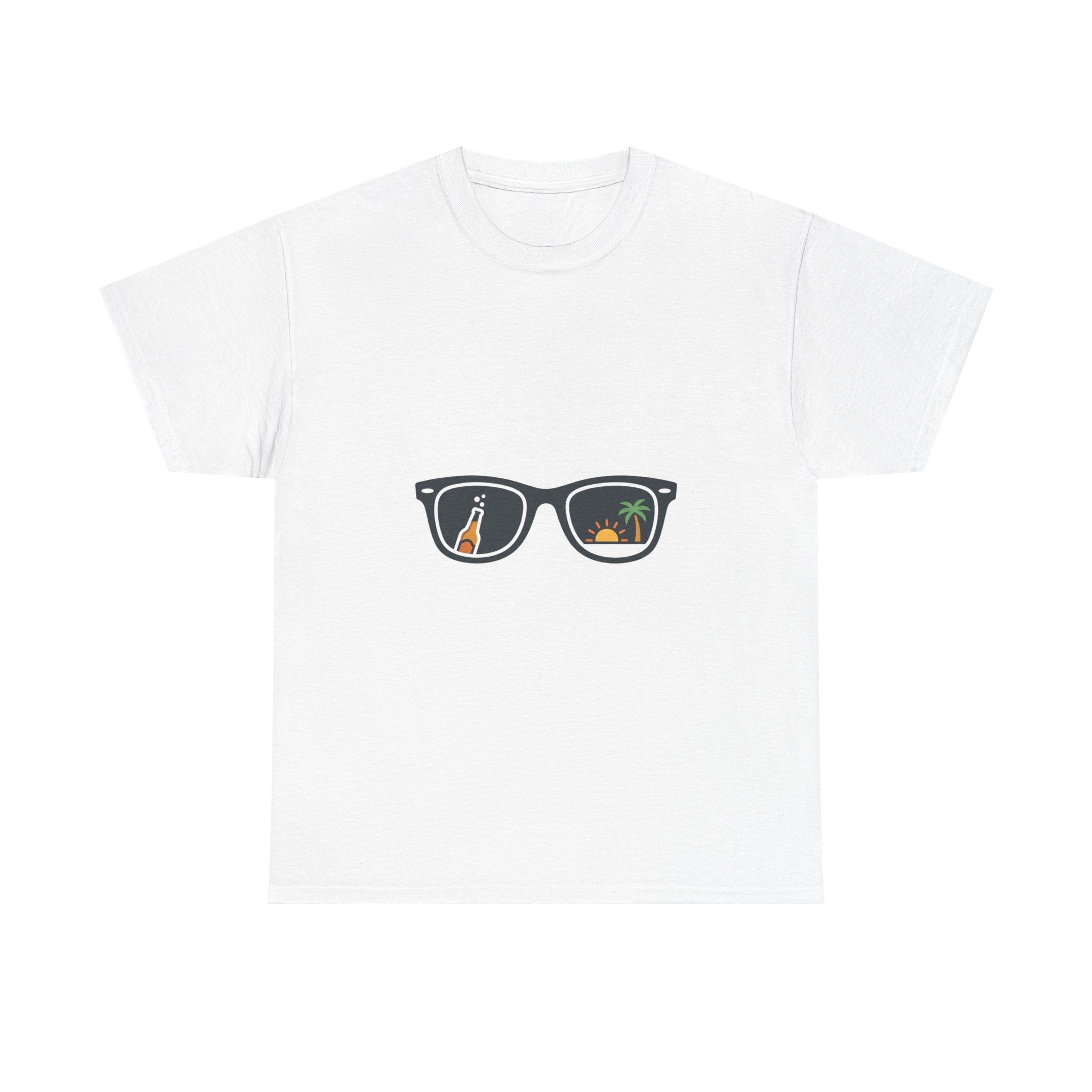 Sunglasses Reflection Tee — Tropical Beach & Palm Drink Graphic T-Shirt