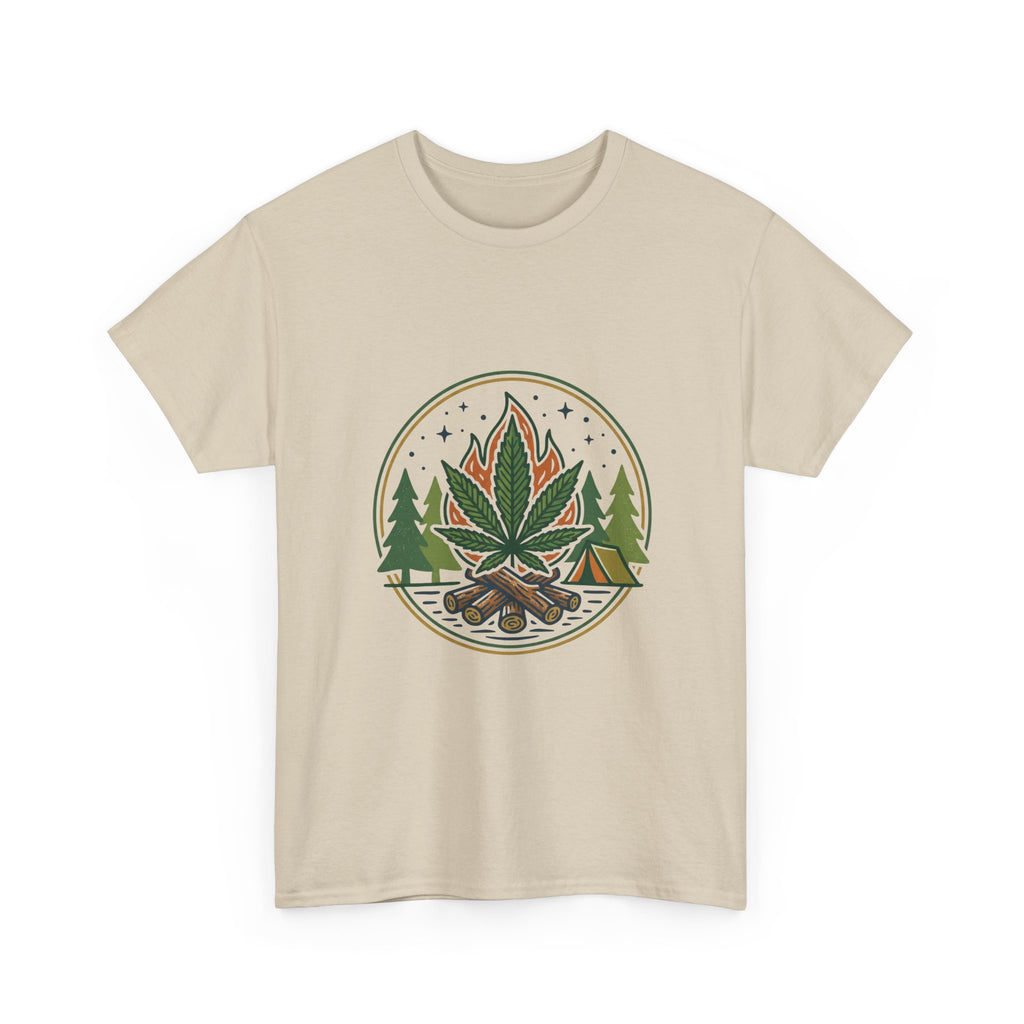 Cannabis Campfire Tee — Outdoor Weed Leaf Forest Graphic T-Shirt
