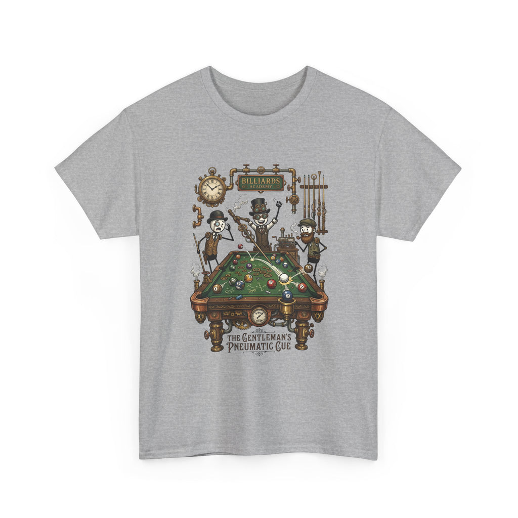 Steampunk Billiards Tee – 'The Gentleman's Pneumatic Cue' Pool Table Graphic Shirt