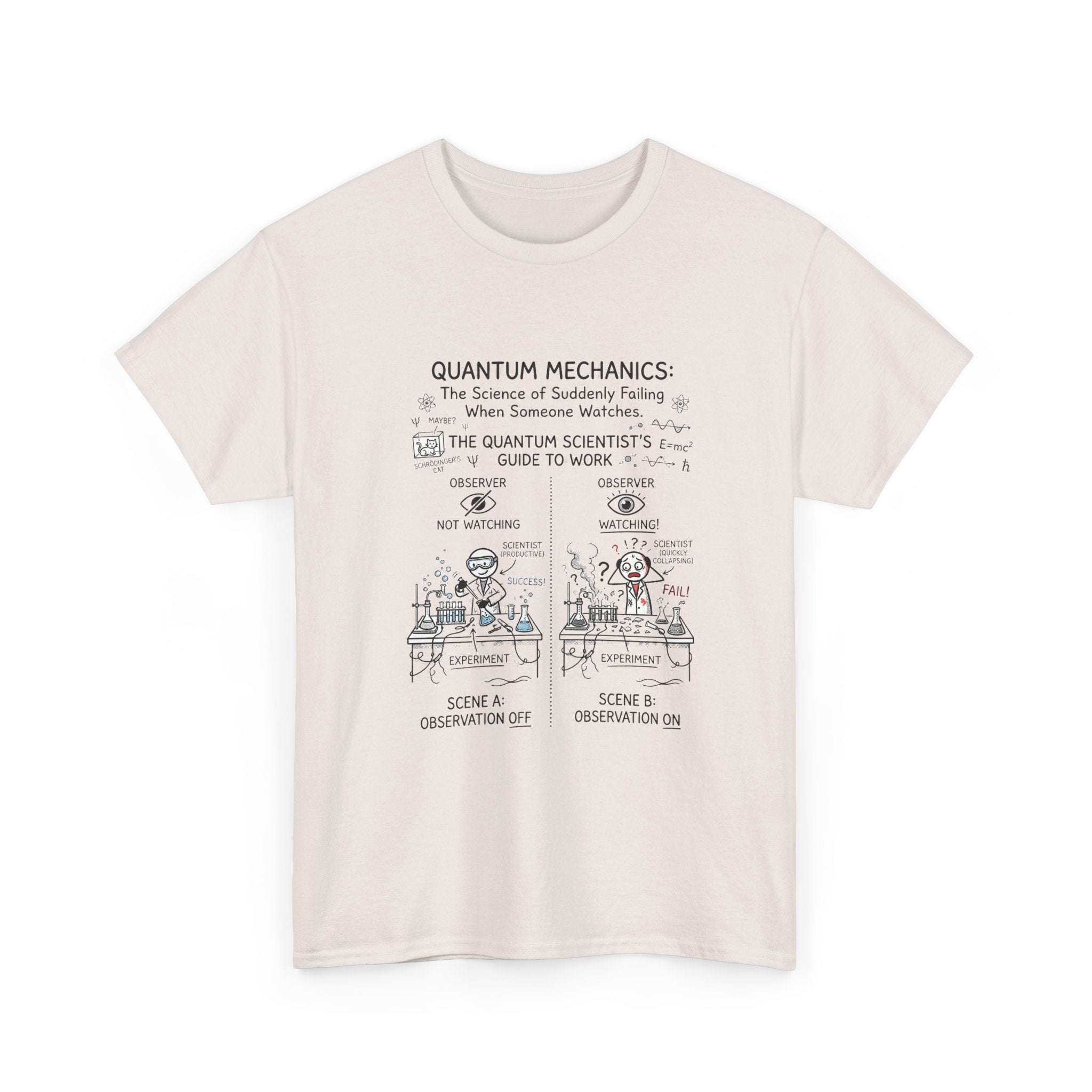 Quantum Mechanics Cartoon T‑Shirt — Funny Science Diagram Tee