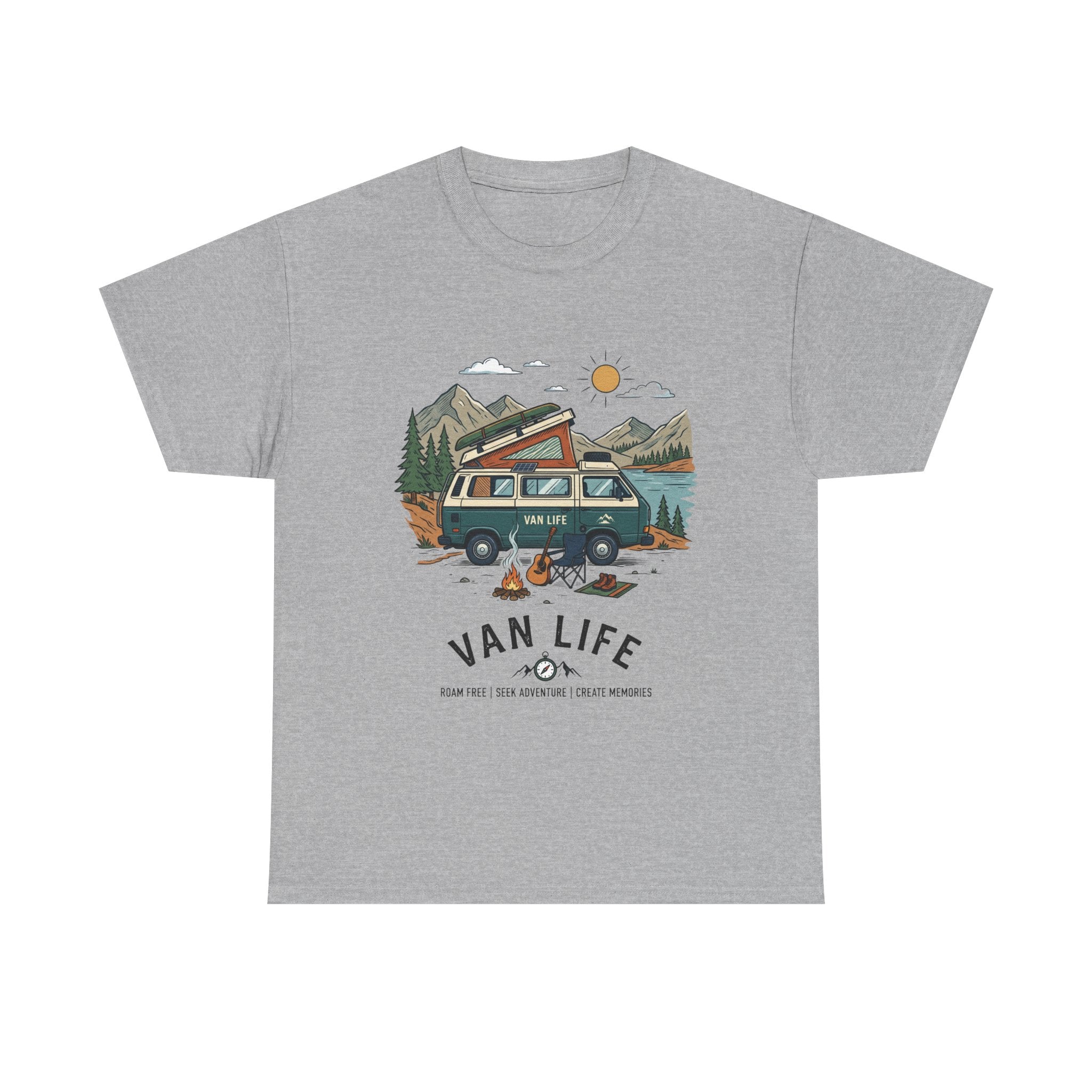 Van Life Camper T-Shirt — Retro Adventure Tee with Campfire Graphic