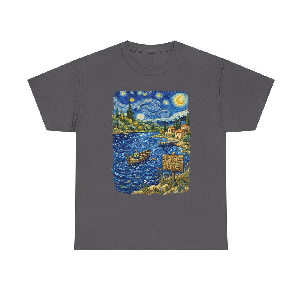 T-Shirt — Van Gogh Night Lake Art Tee (Boat on Starry Night)