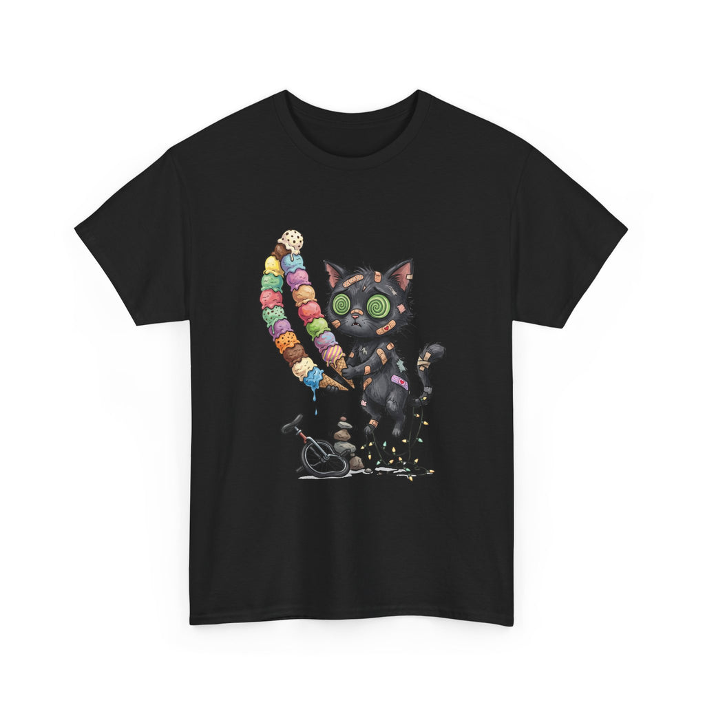 Cat with Ice Cream Graphic Tee — Cute Retro Kawaii Black Cat Holding Rainbow Ice Cream