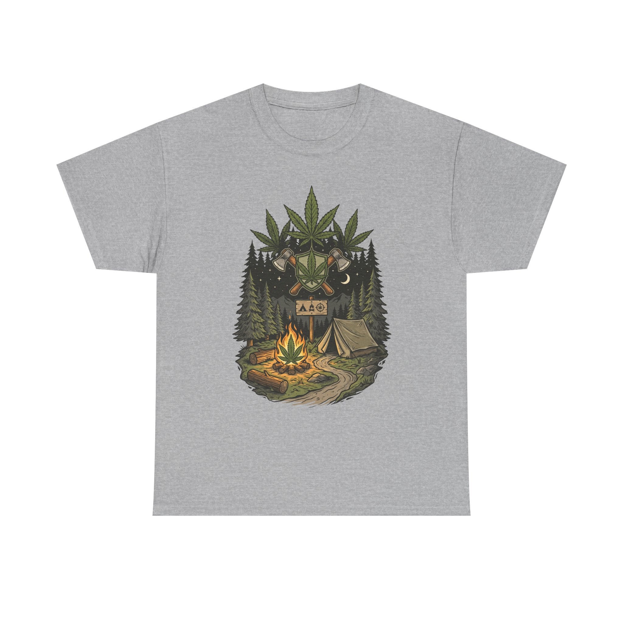 Camping Bear Graphic Tee — Forest Campfire & Leaf Emblem T-Shirt