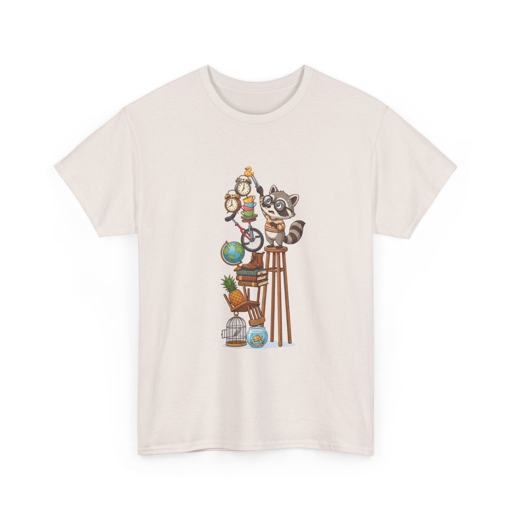 Raccoon & Curiosity Shelf T‑Shirt — Cute Scientist Animal Stack Graphic Tee