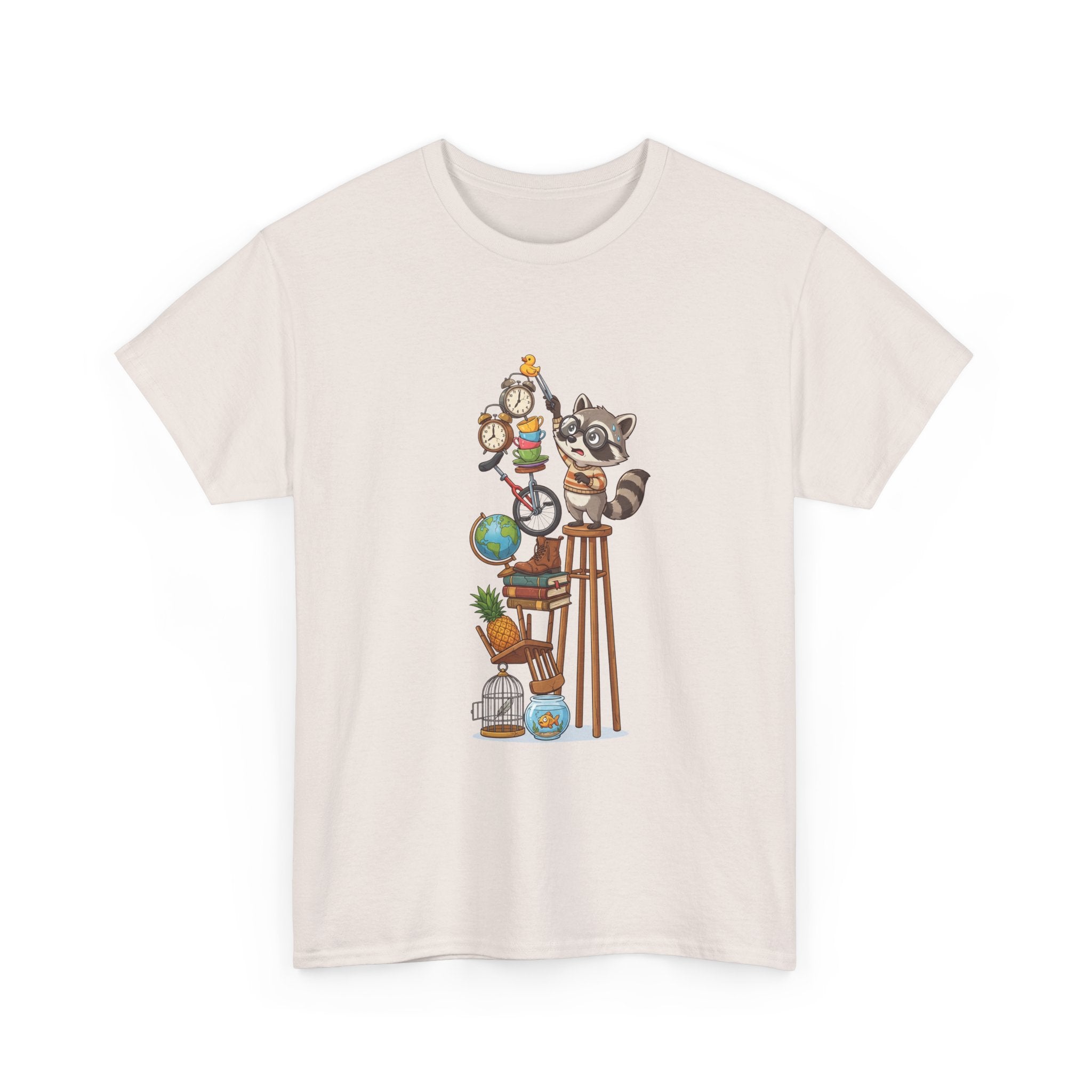 Raccoon & Curiosity Shelf T‑Shirt — Cute Scientist Animal Stack Graphic Tee
