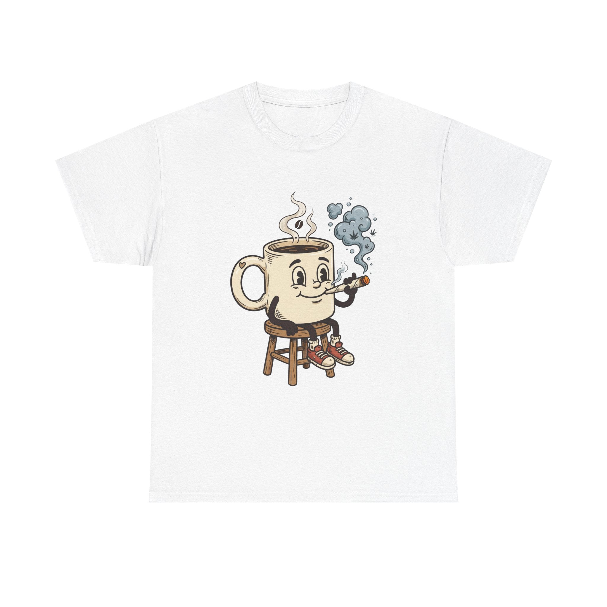 Coffee and a joint Character Tee — Retro Smiling Cup Smoking weed Graphic T-Shirt