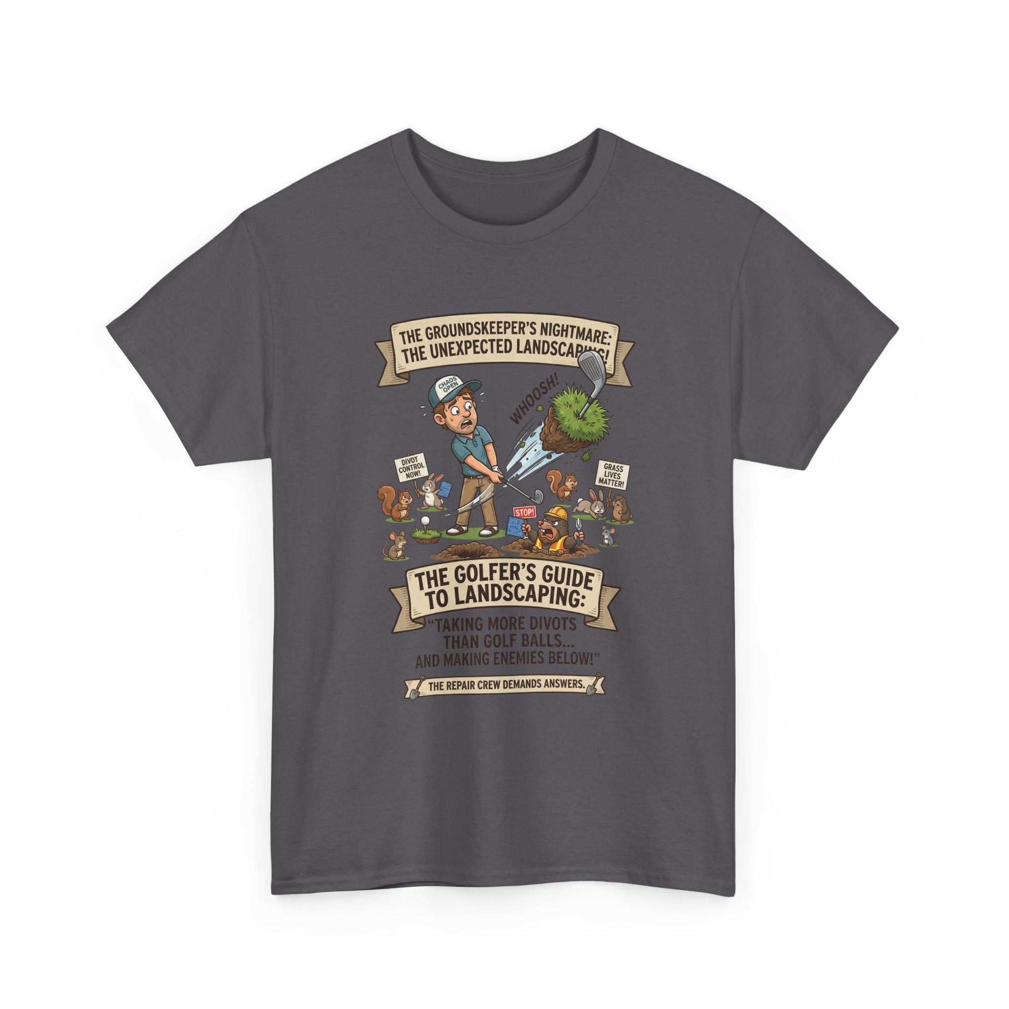 Golf T-Shirt — "The Golfer’s Guide to Landscaping" Funny Divot Course Humor Tee