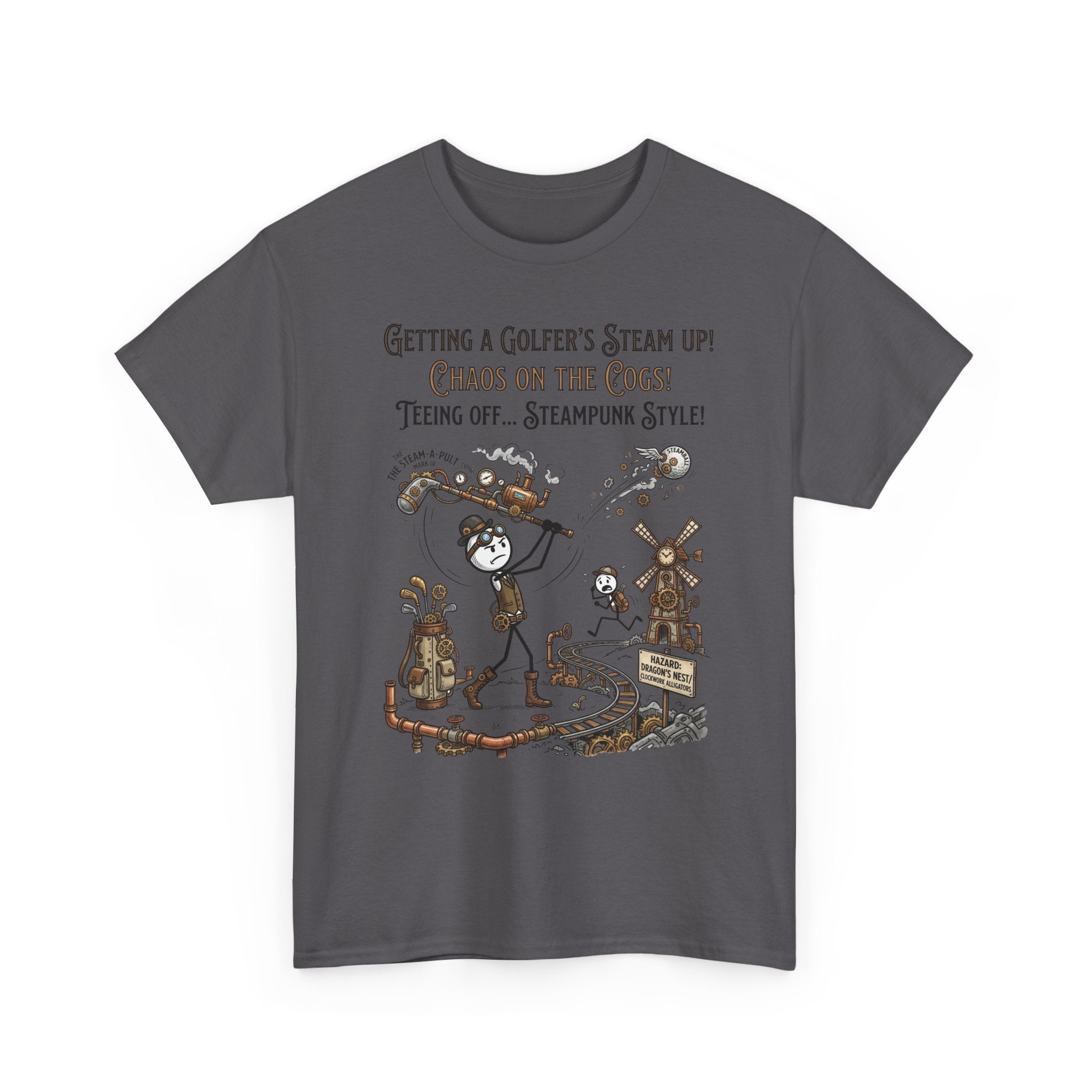 Steampunk Golf T-Shirt - "Getting a Golfer's Steam Up! Chaos on the Cogs" Graphic Tee