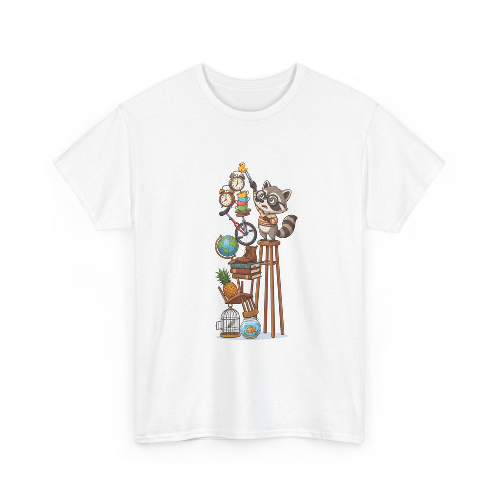 Raccoon & Curiosity Shelf T‑Shirt — Cute Scientist Animal Stack Graphic Tee