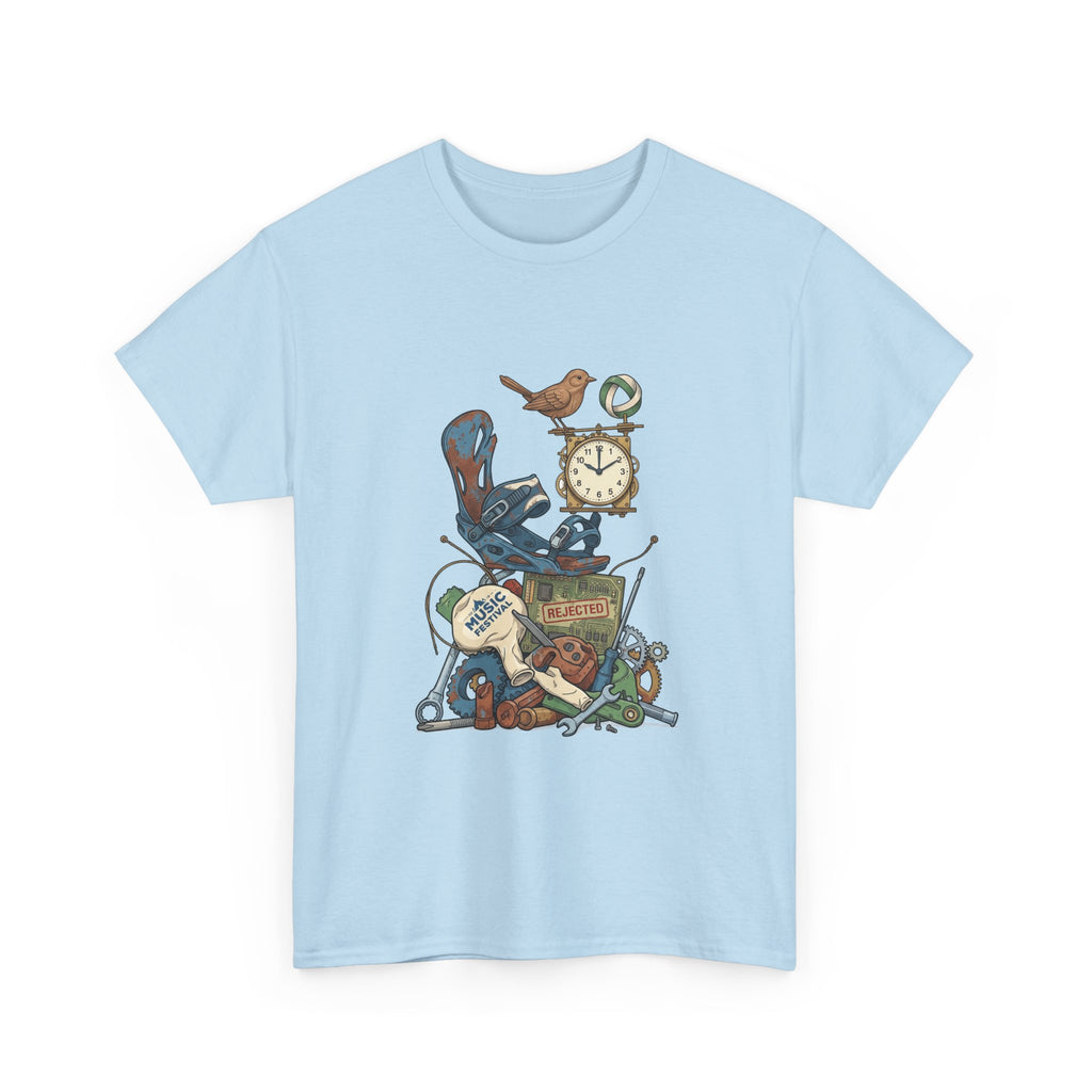 Vintage Hobbies Stack T-Shirt — Retro Clock, Guitar & Tools Illustration