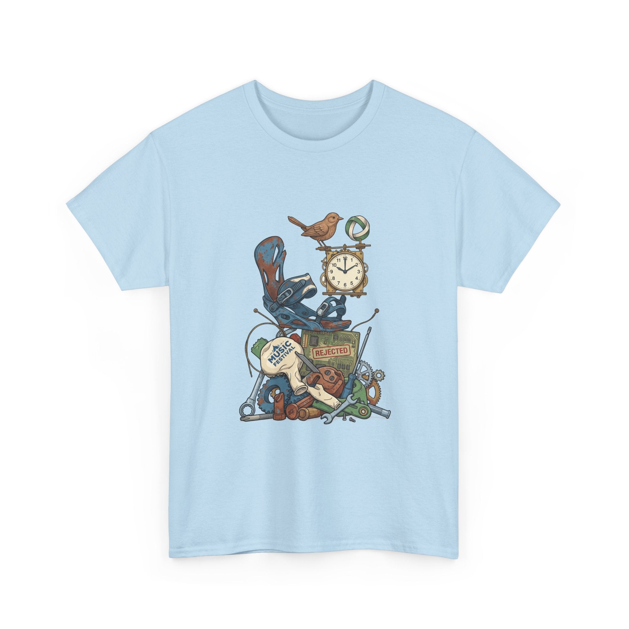 Vintage Hobbies Stack T-Shirt — Retro Clock, Guitar & Tools Illustration