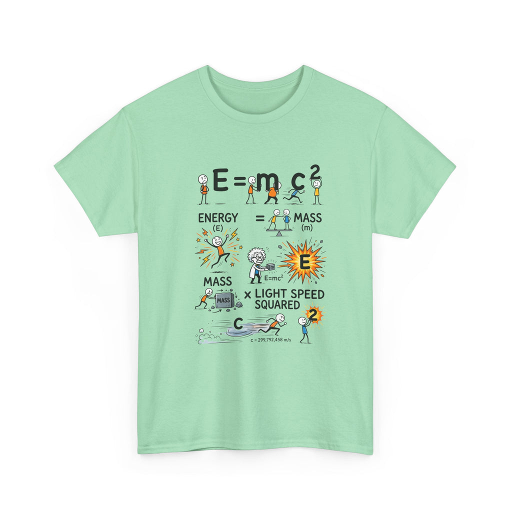 E=mc2 Cartoon Science T-Shirt — Funny Physics Diagram Tee for Students & Teachers
