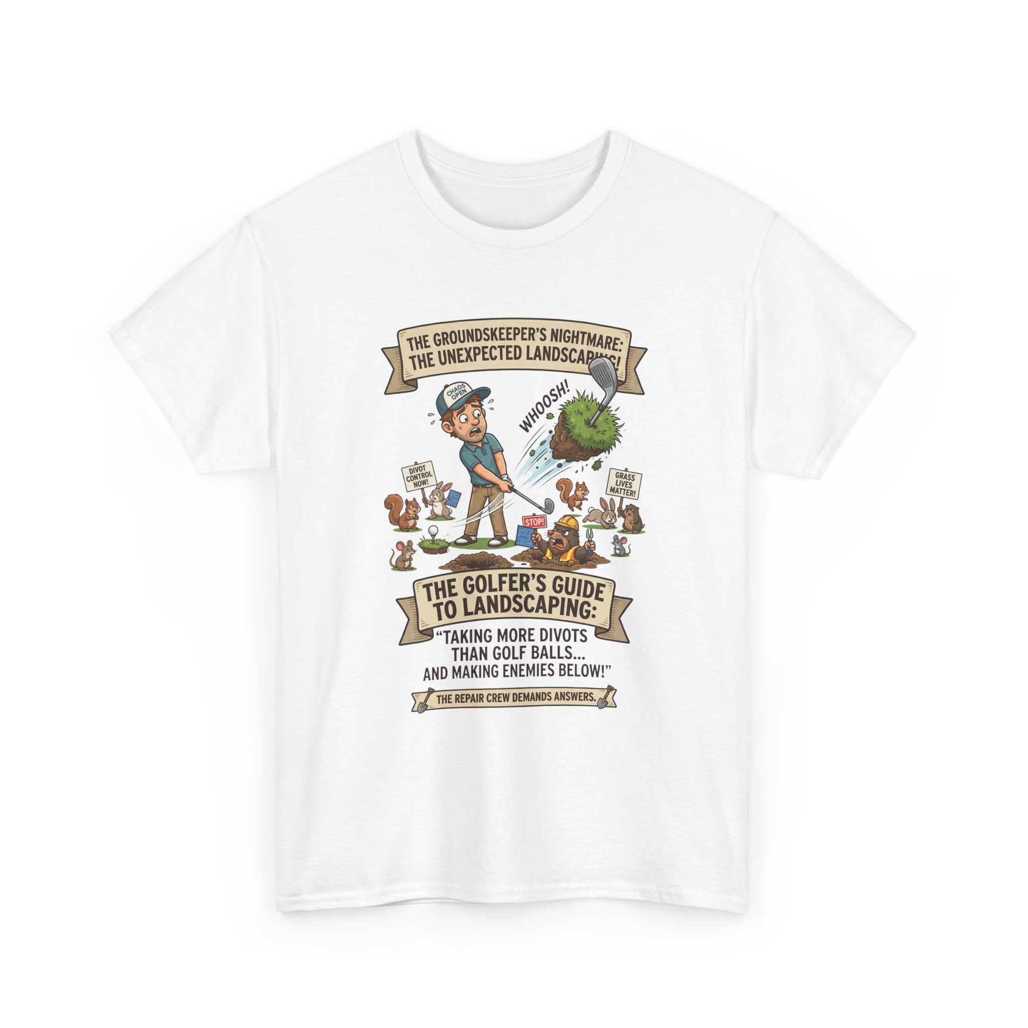 Golf T-Shirt — "The Golfer’s Guide to Landscaping" Funny Divot Course Humor Tee