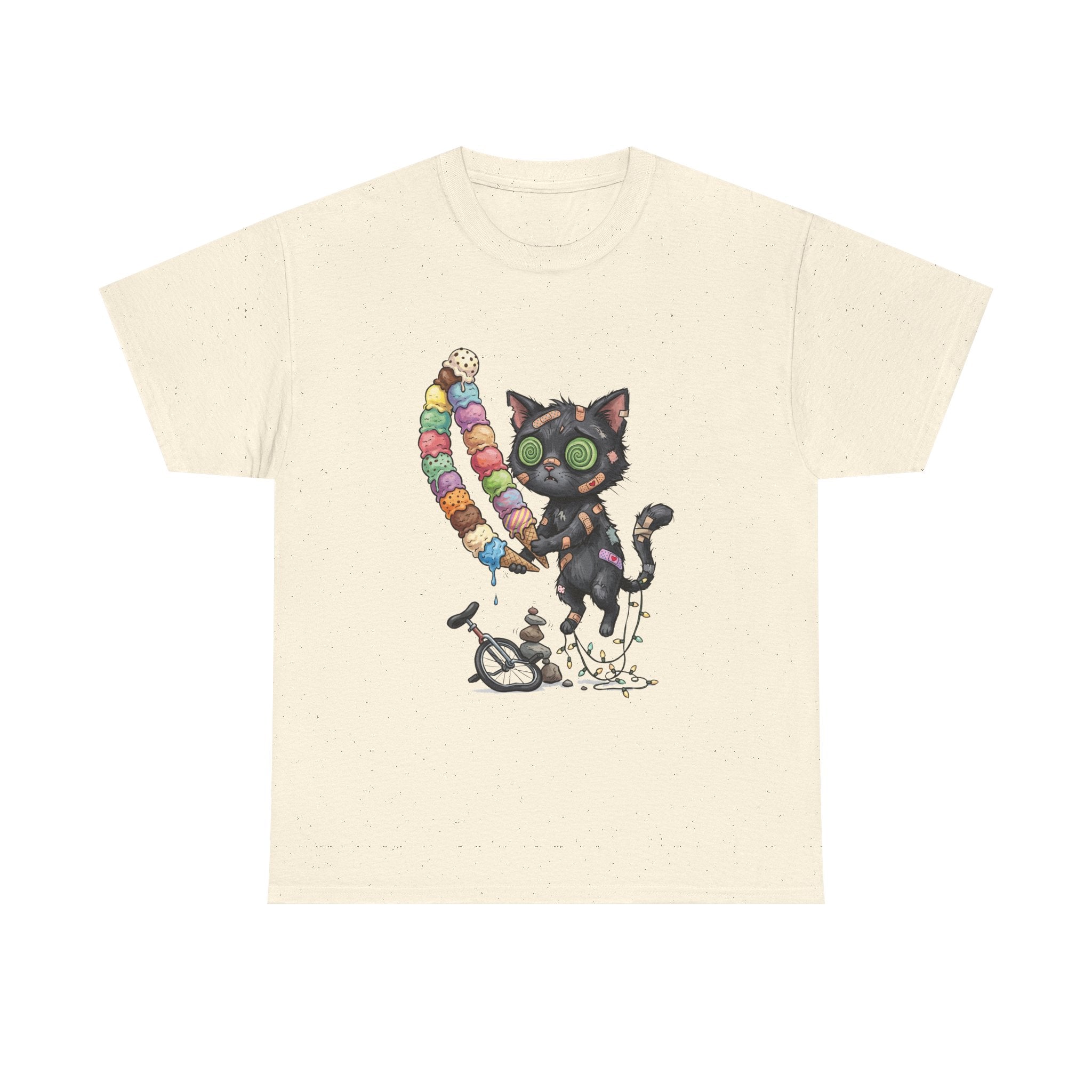 Cat with Ice Cream Graphic Tee — Cute Retro Kawaii Black Cat Holding Rainbow Ice Cream