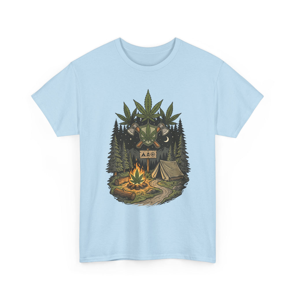 Camping Bear Graphic Tee — Forest Campfire & Leaf Emblem T-Shirt