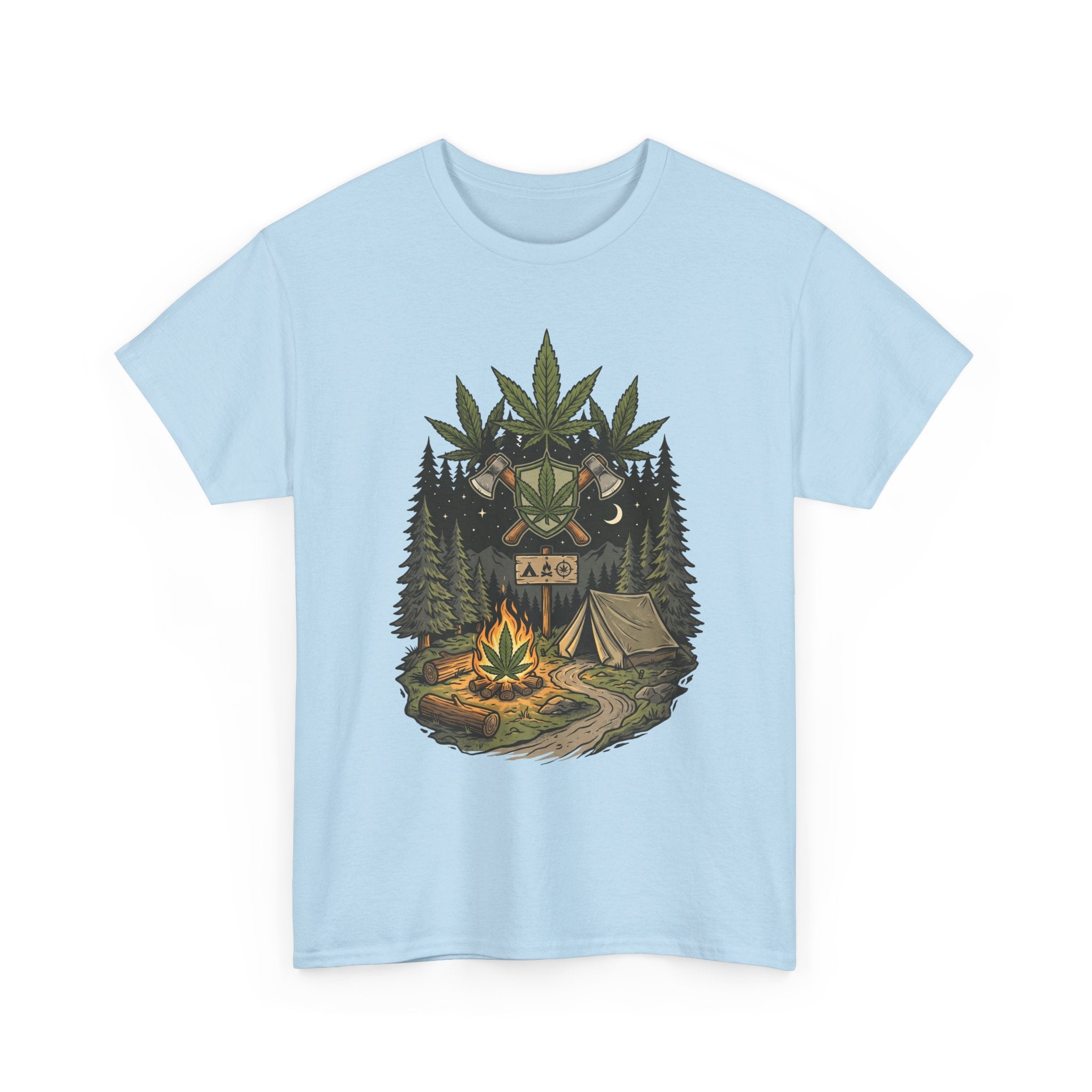 Camping Bear Graphic Tee — Forest Campfire & Leaf Emblem T-Shirt