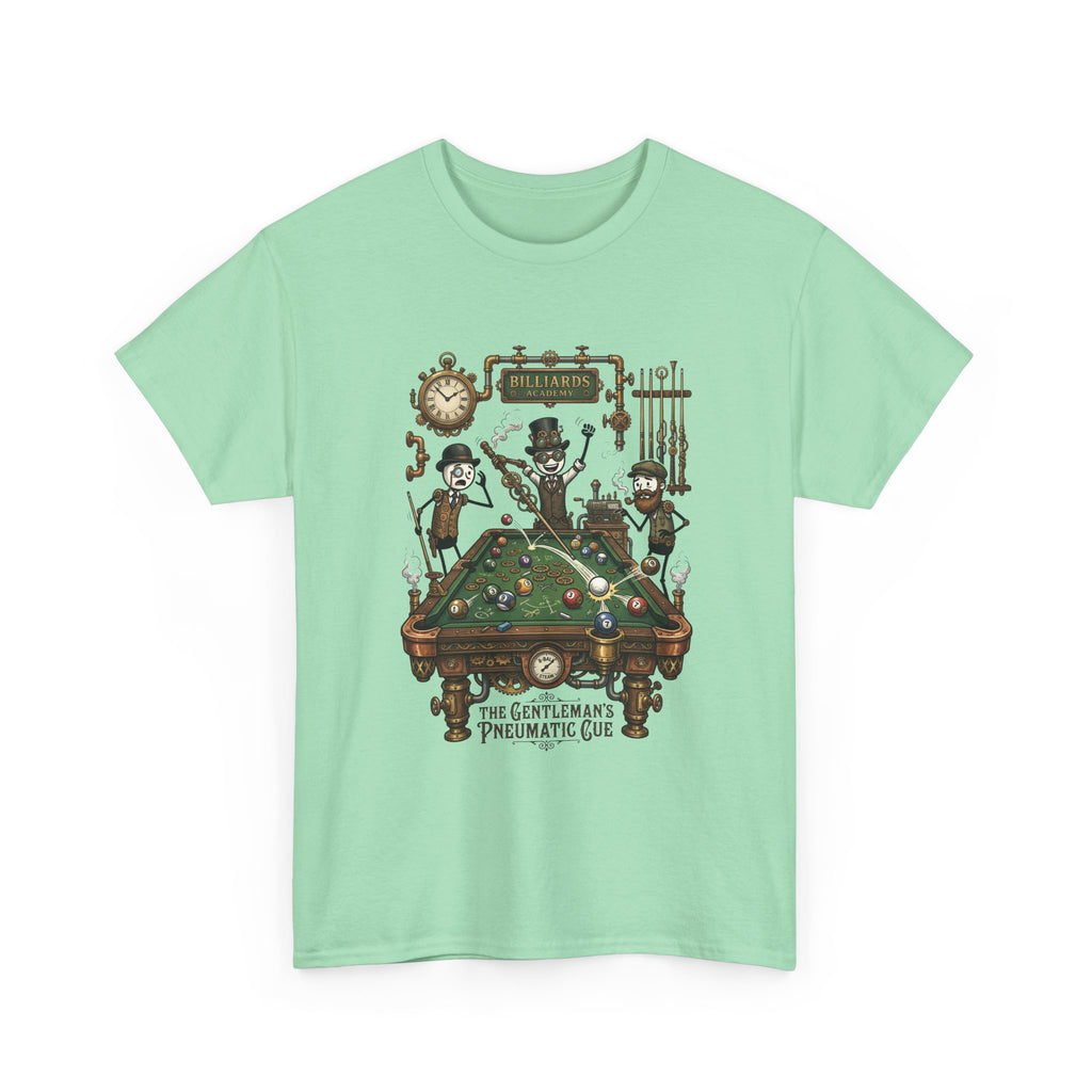 Steampunk Billiards Tee – 'The Gentleman's Pneumatic Cue' Pool Table Graphic Shirt