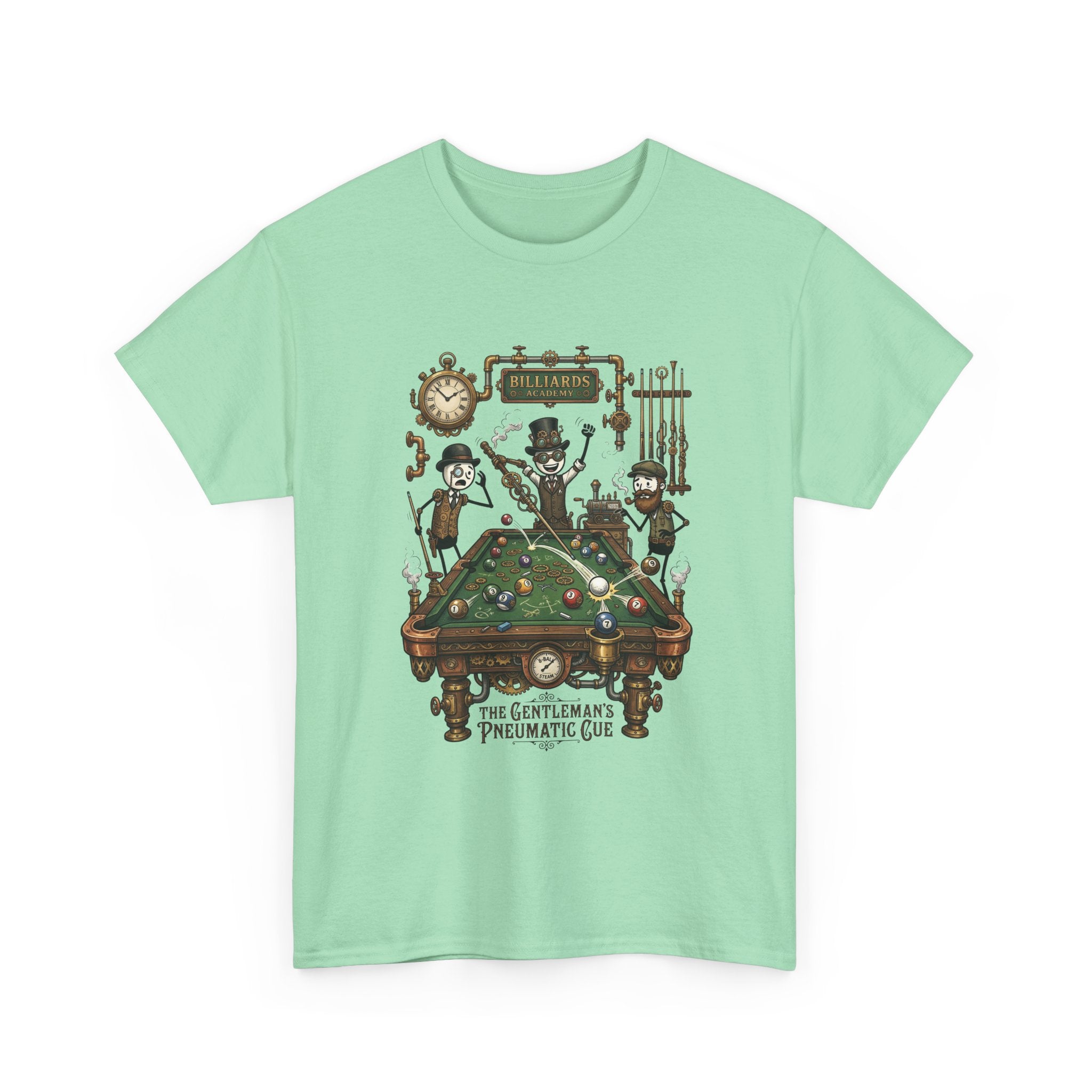 Steampunk Billiards Tee – 'The Gentleman's Pneumatic Cue' Pool Table Graphic Shirt