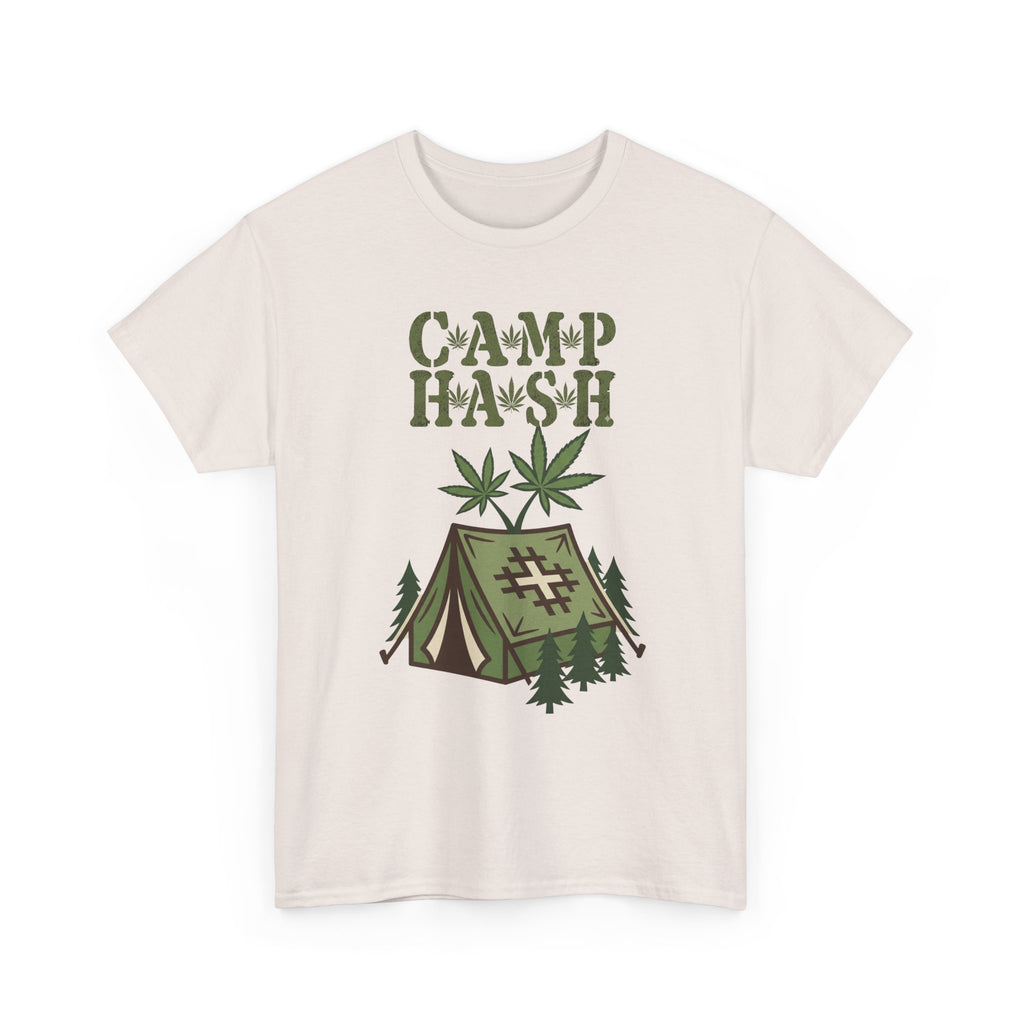 Camp Hash Cannabis Camping T‑Shirt — Retro Tent & Leaf Outdoor Smoke Tee
