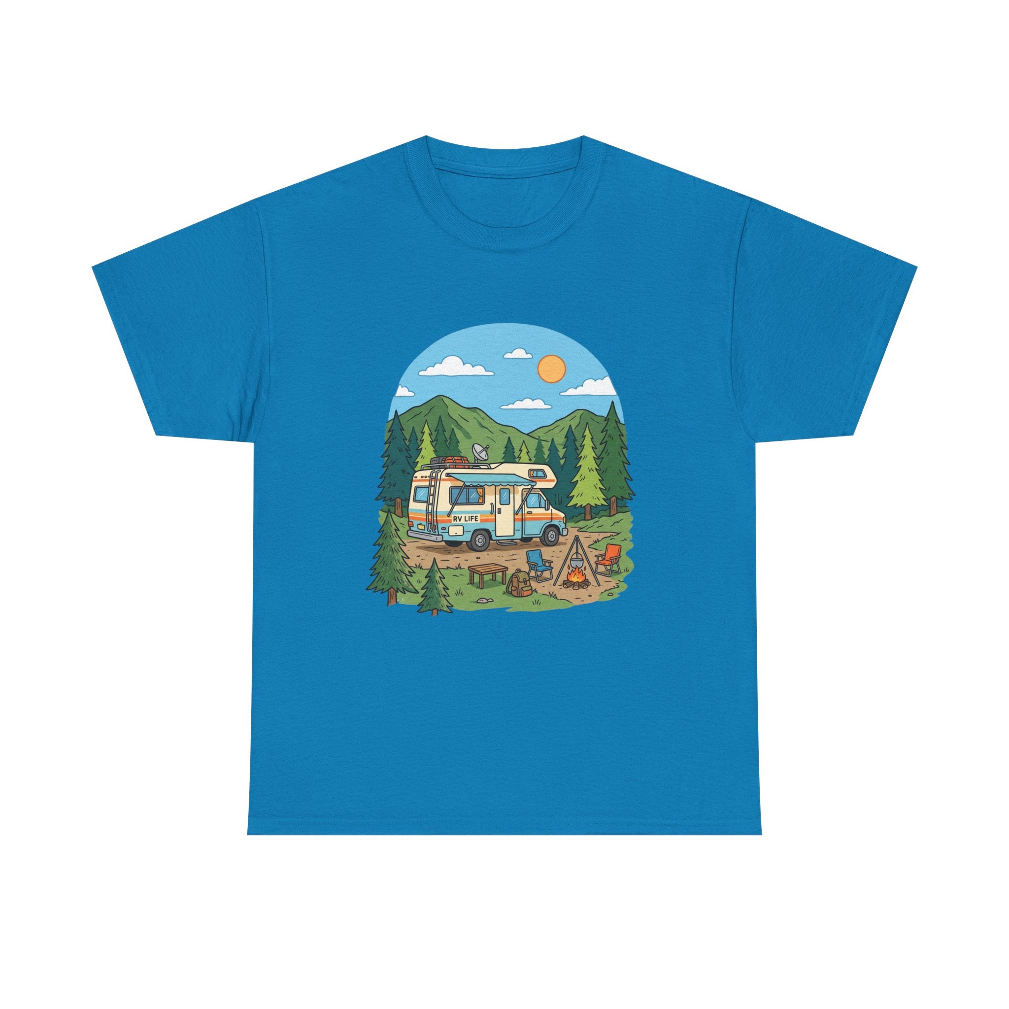 Camping Van Graphic Tee — Retro Camper Van & Campfire Outdoor Shirt