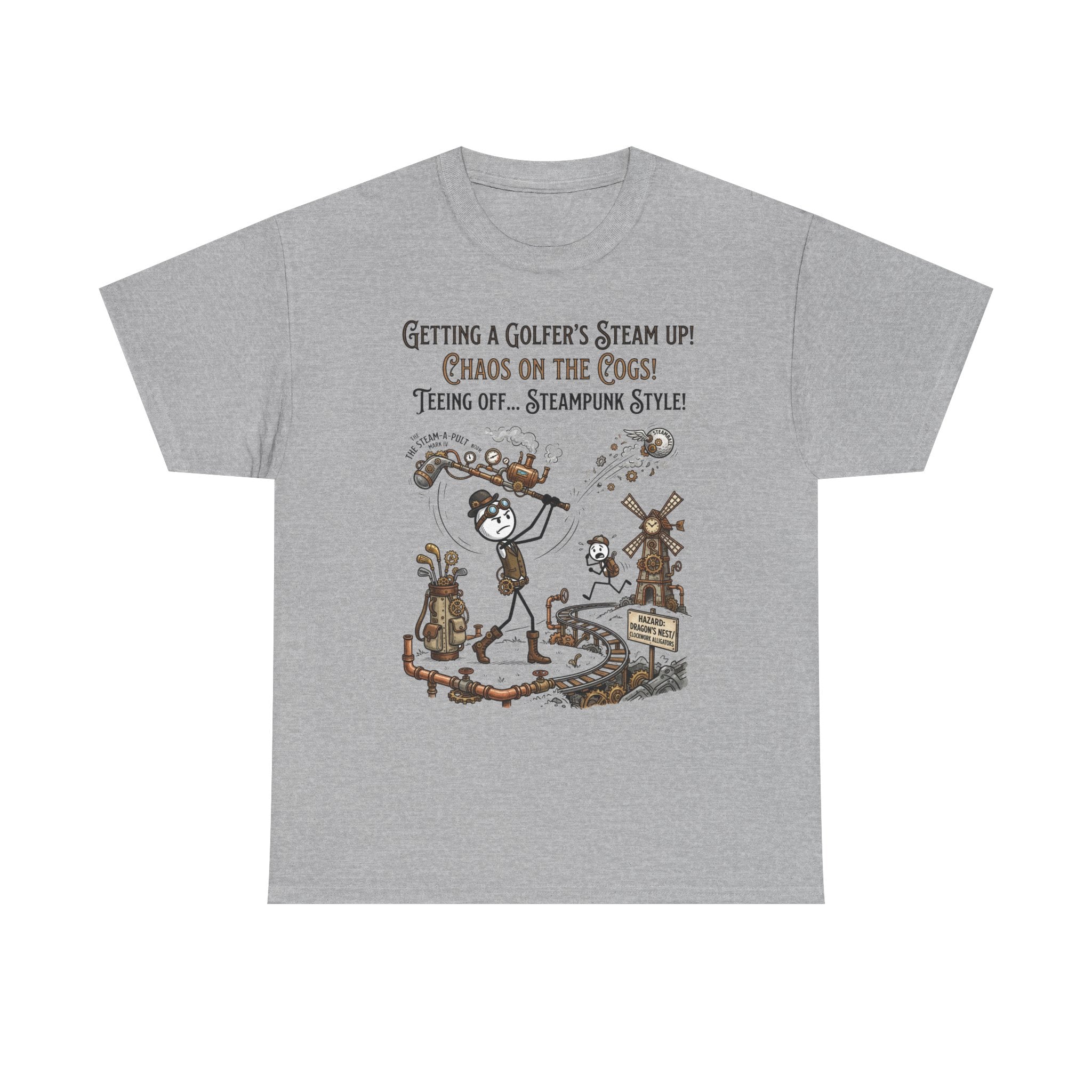 Steampunk Golf T-Shirt - "Getting a Golfer's Steam Up! Chaos on the Cogs" Graphic Tee