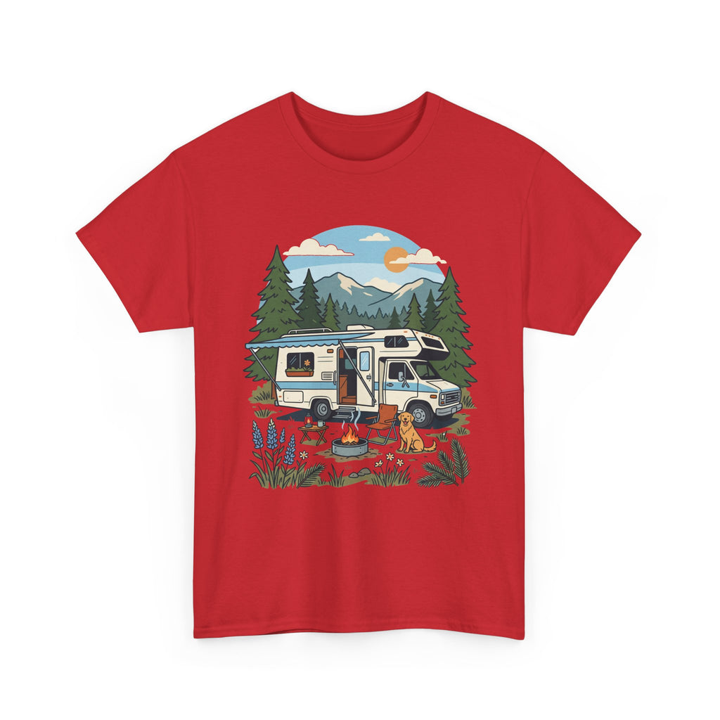 Camper Van Camping T‑Shirt — Retro RV Campfire Graphic Tee for Outdoors Lovers