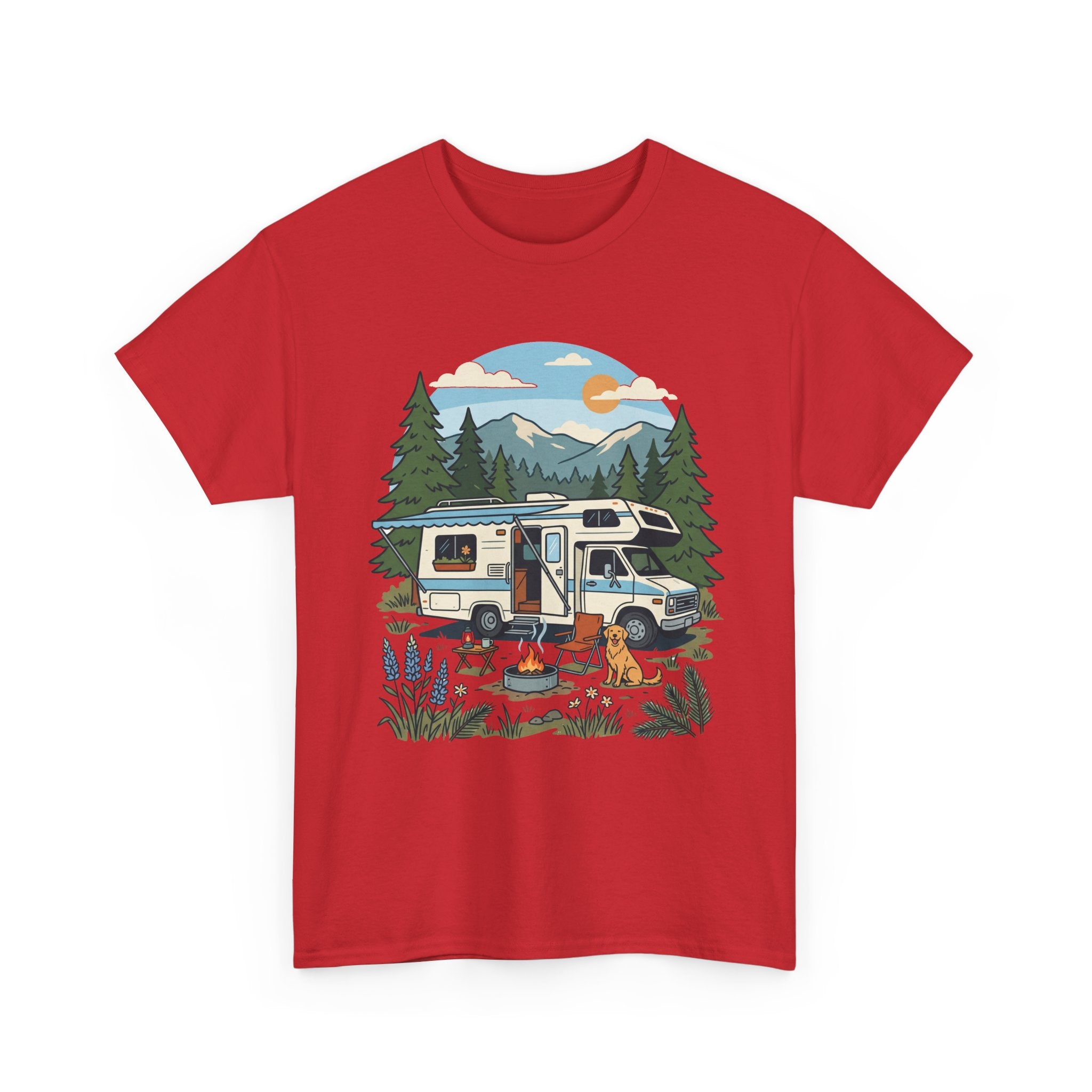 Camper Van Camping T‑Shirt — Retro RV Campfire Graphic Tee for Outdoors Lovers