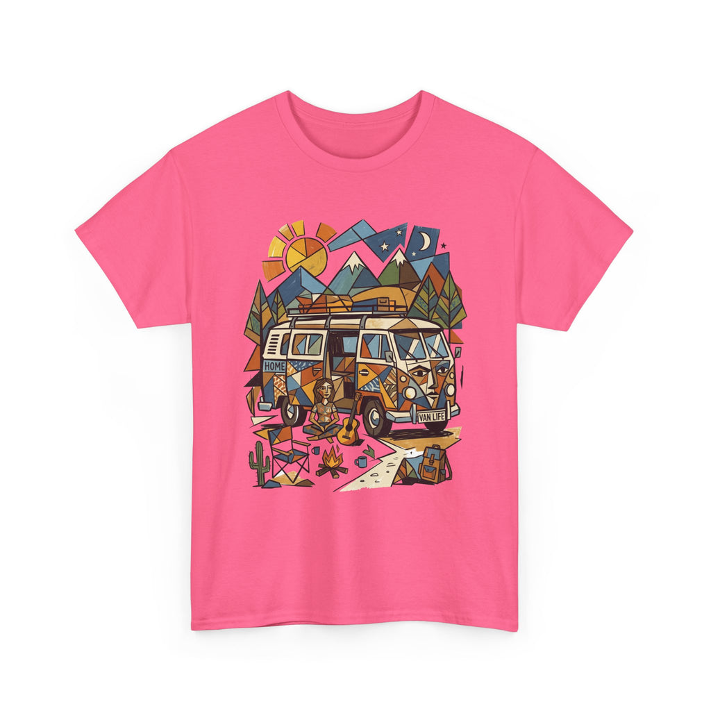 Adventure Van Camping T-Shirt — Retro Camper Van, Mountains & Campfire Graphic Tee