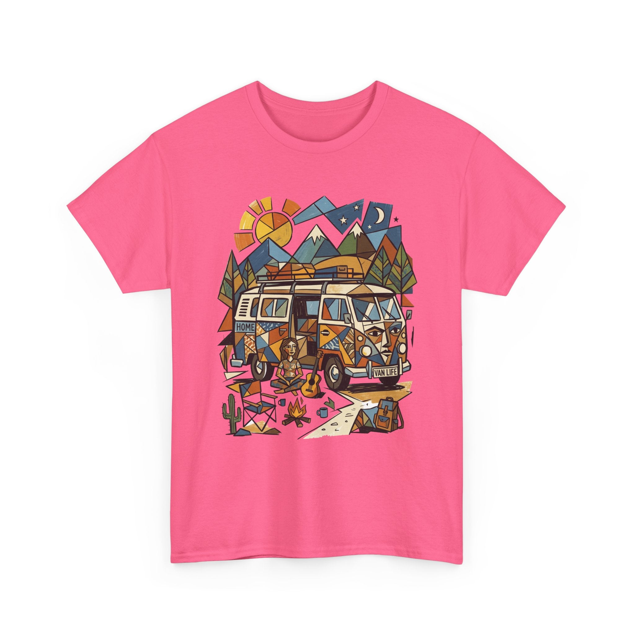 Adventure Van Camping T-Shirt — Retro Camper Van, Mountains & Campfire Graphic Tee