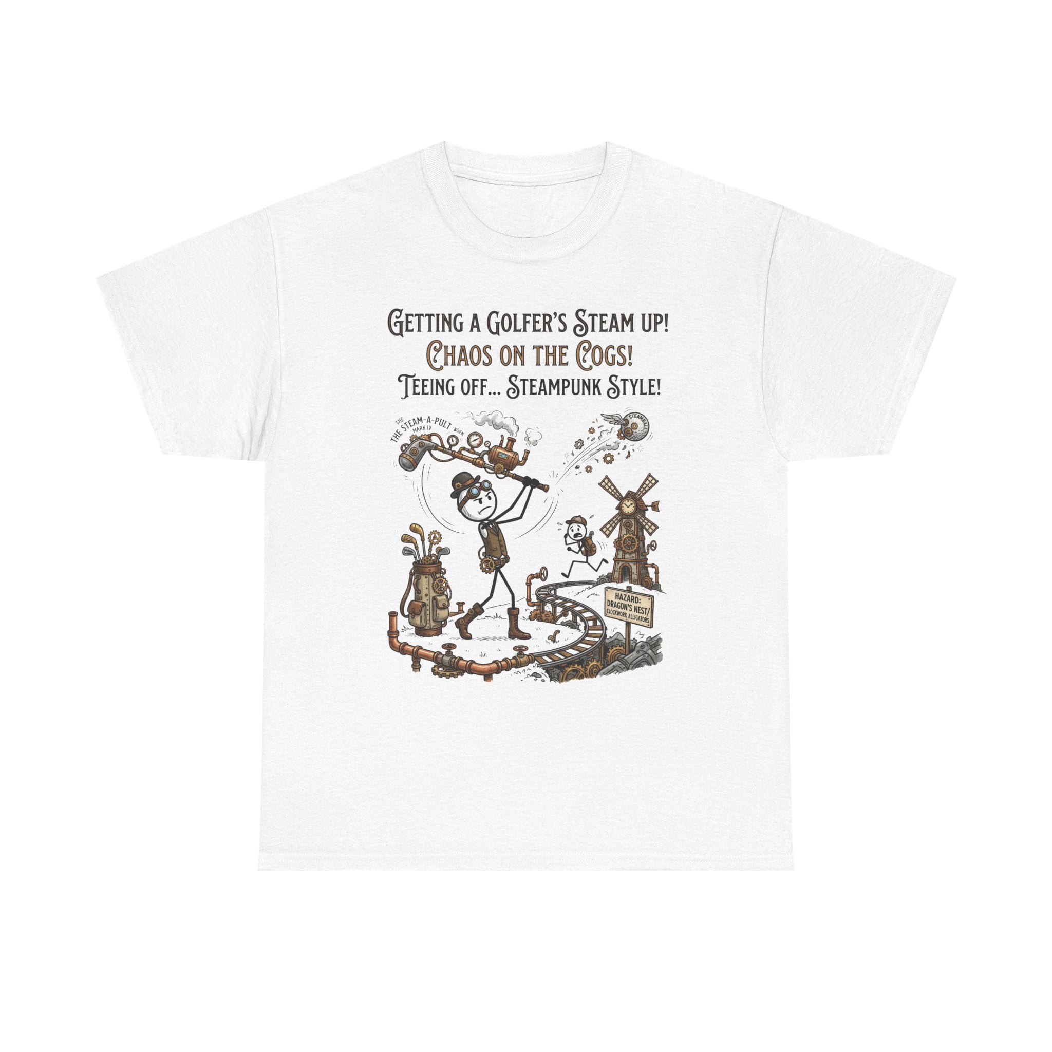 Steampunk Golf T-Shirt - "Getting a Golfer's Steam Up! Chaos on the Cogs" Graphic Tee