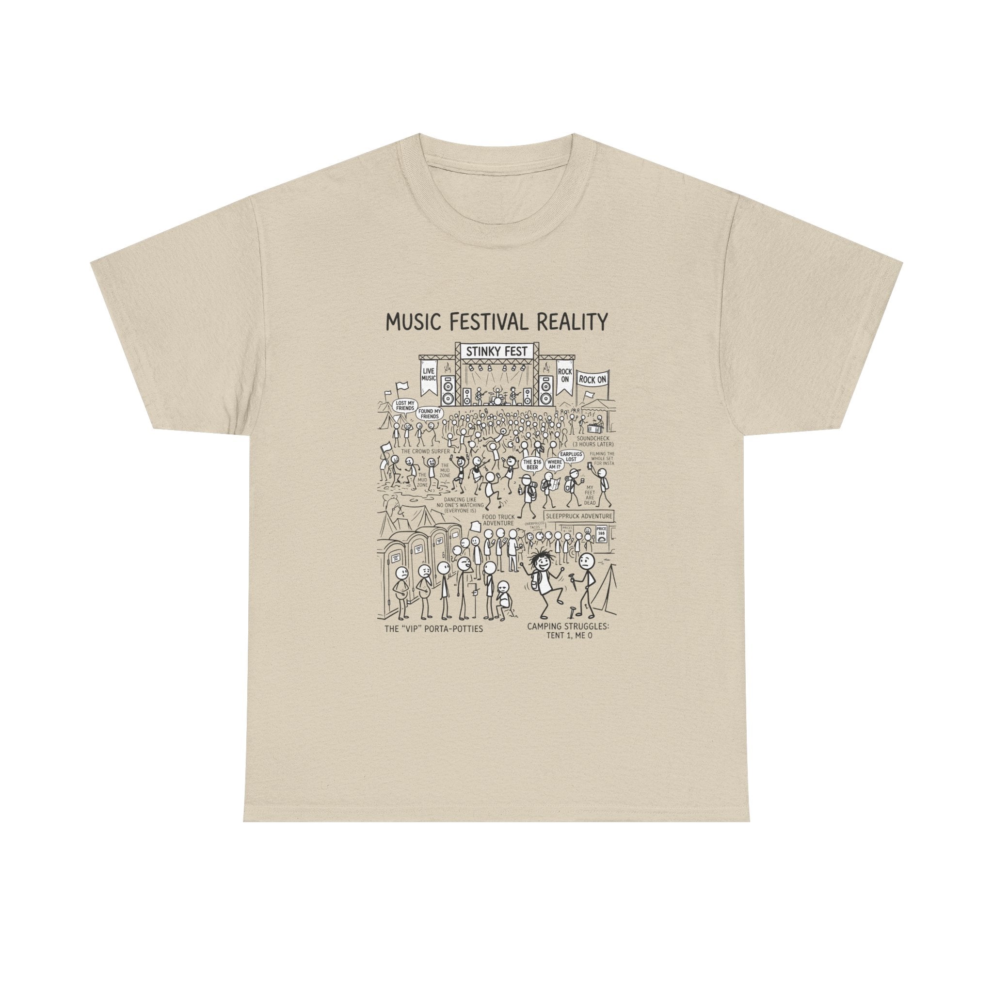 T-Shirt — "Music Festival Reality" Cartoon Illustration Tee