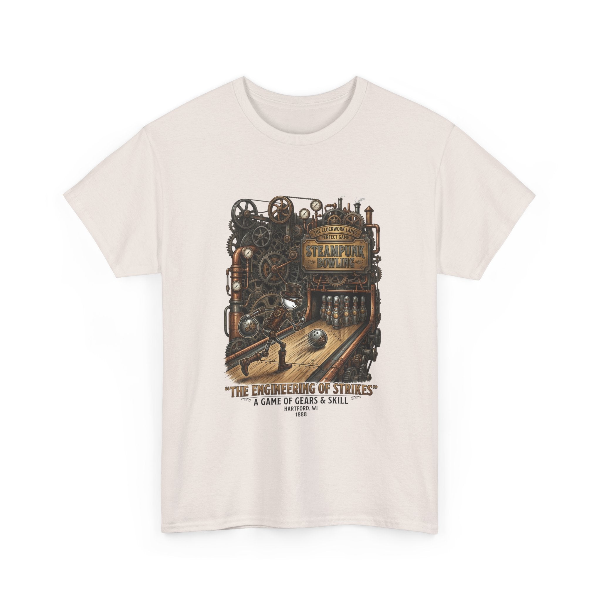Steampunk Bowling T-Shirt — "The Engineering of Strikes" Vintage Gears Design