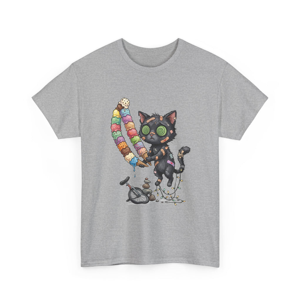 Cat with Ice Cream Graphic Tee — Cute Retro Kawaii Black Cat Holding Rainbow Ice Cream