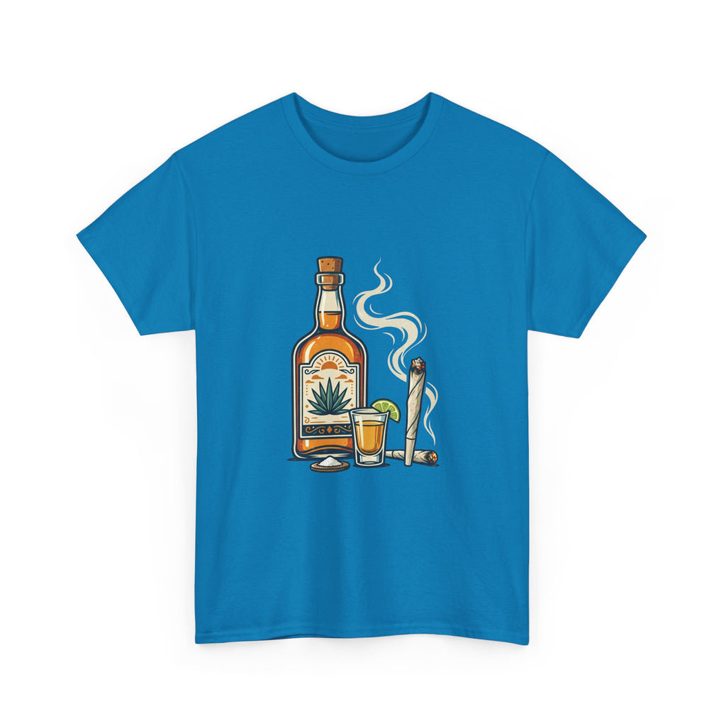 Tequila & Joint T-Shirt — Mexican Agave Bottle with Shot Glass and Joint Graphic