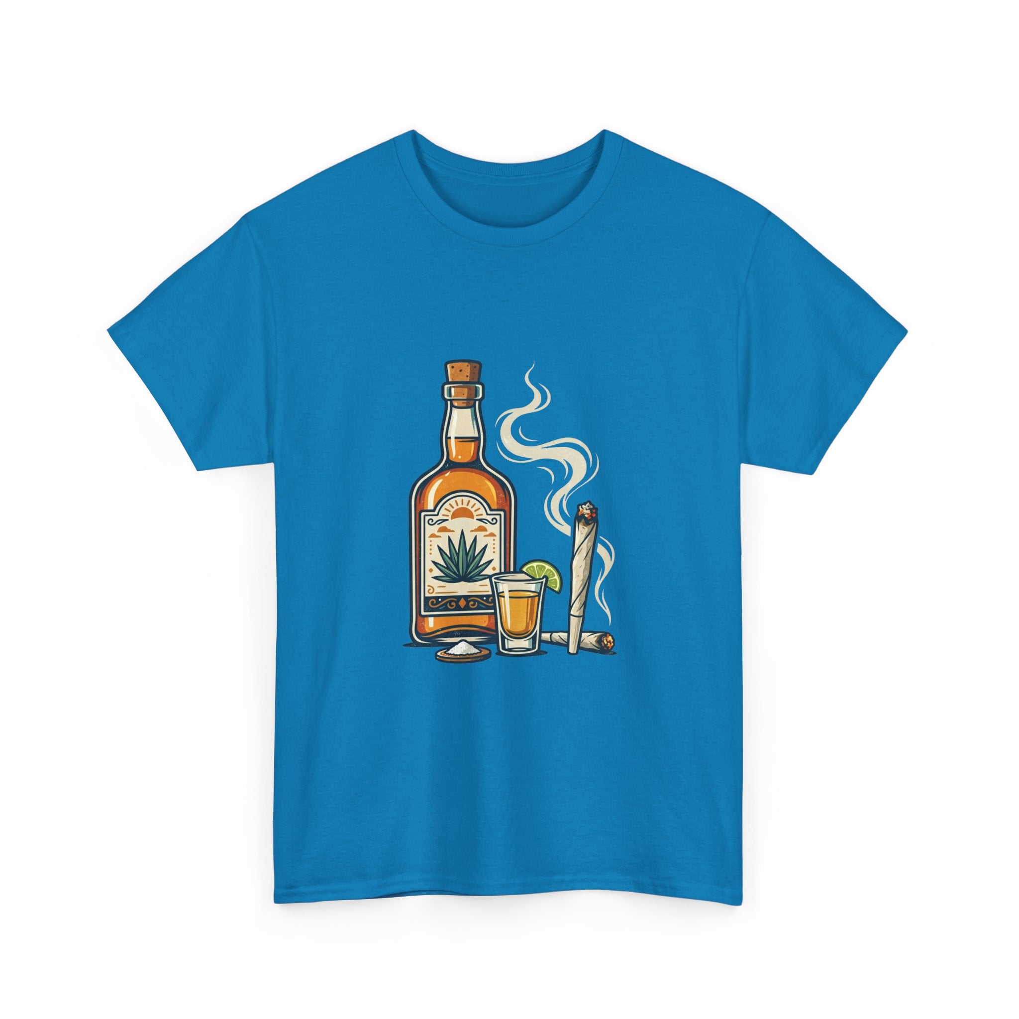 Tequila & Joint T-Shirt — Mexican Agave Bottle with Shot Glass and Joint Graphic