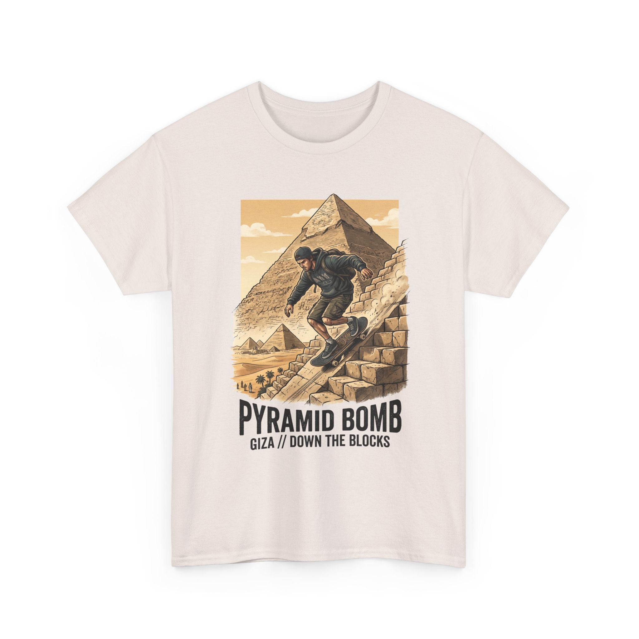 Pyramid Bomb Skateboarding T-Shirt — "Pyramid Bomb: Giza / Down The Blocks" Vintage Skate Tee