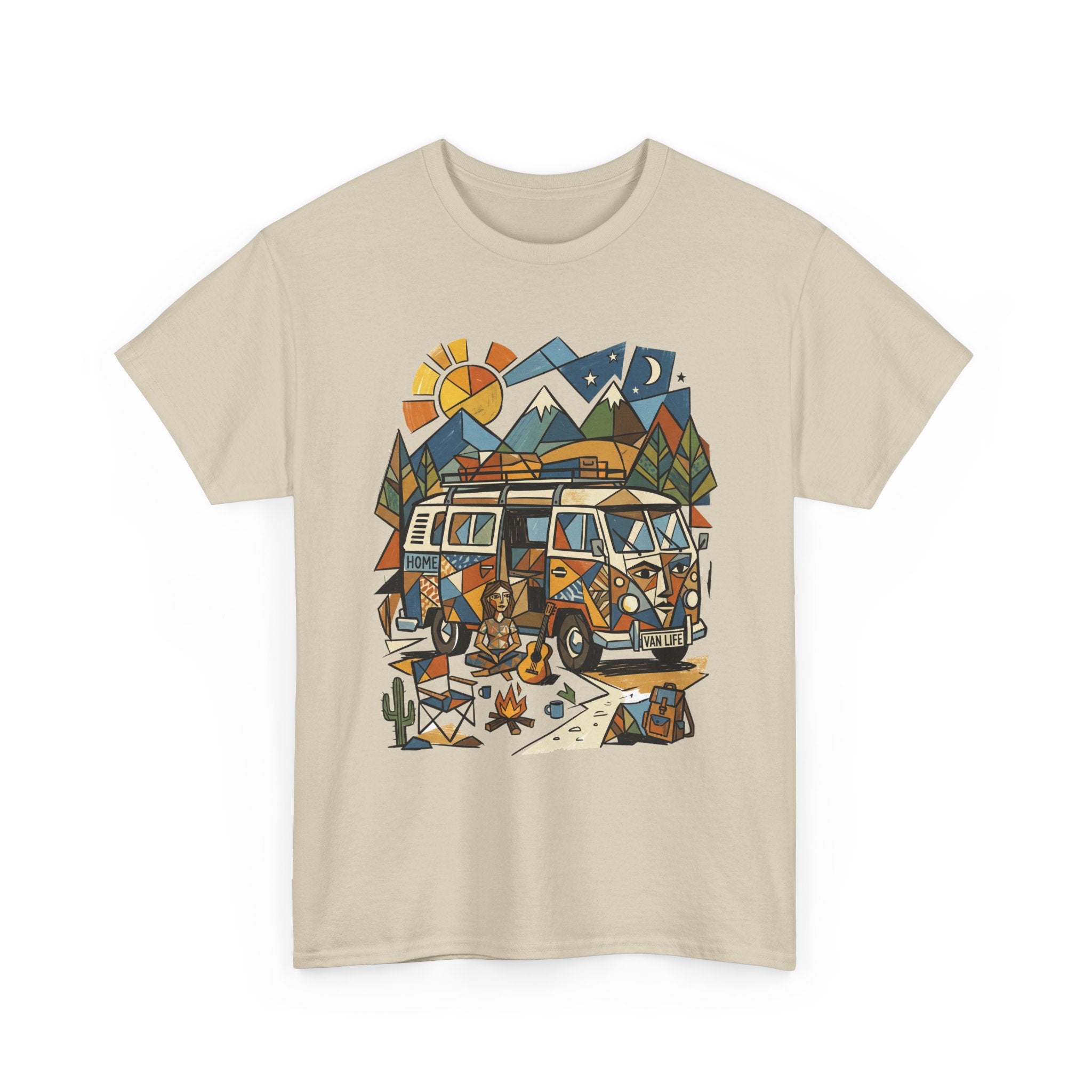 Adventure Van Camping T-Shirt — Retro Camper Van, Mountains & Campfire Graphic Tee