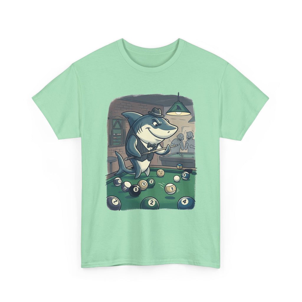 Shark Playing Pool T-Shirt – Funny Billiards Cartoon Tee
