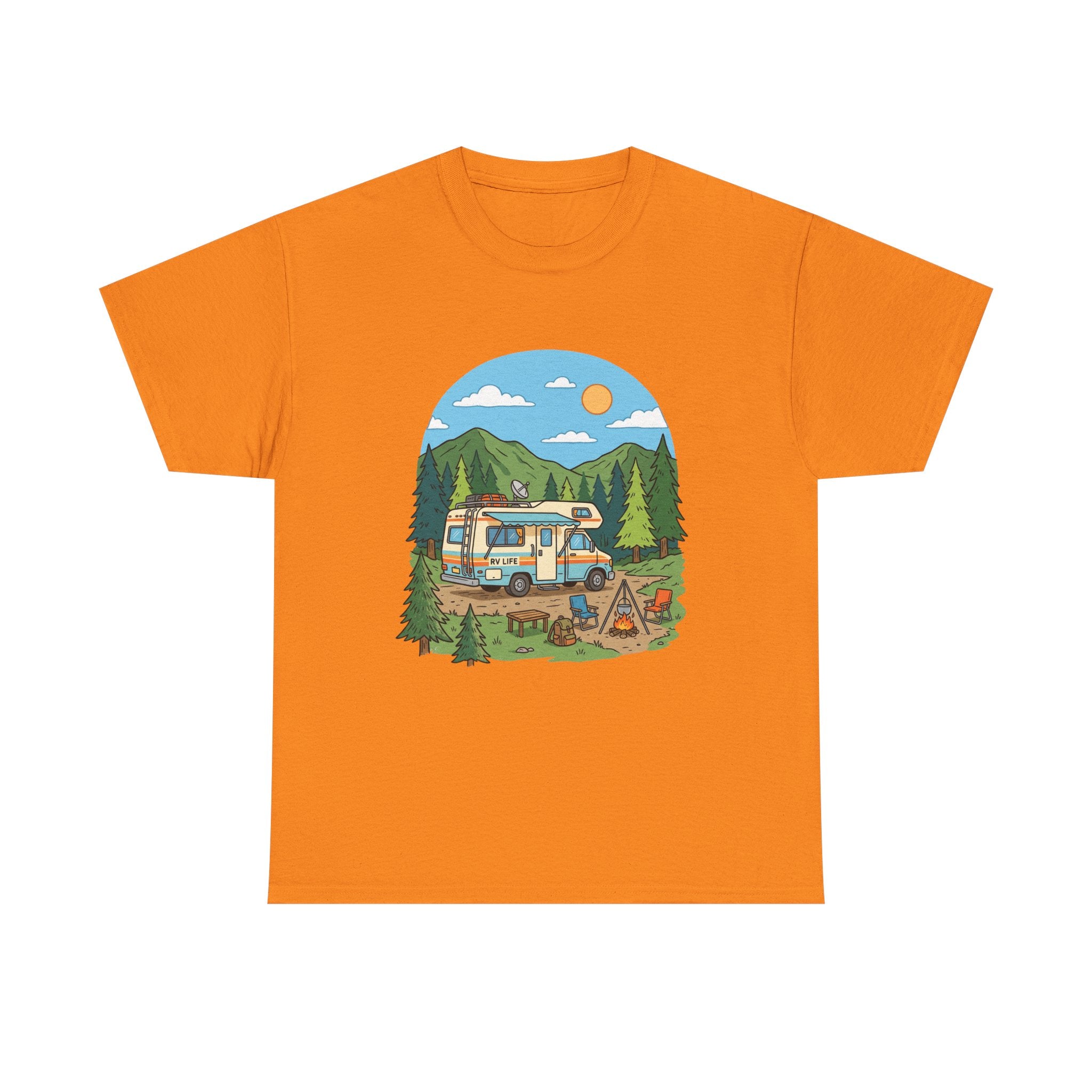 Camping Van Graphic Tee — Retro Camper Van & Campfire Outdoor Shirt